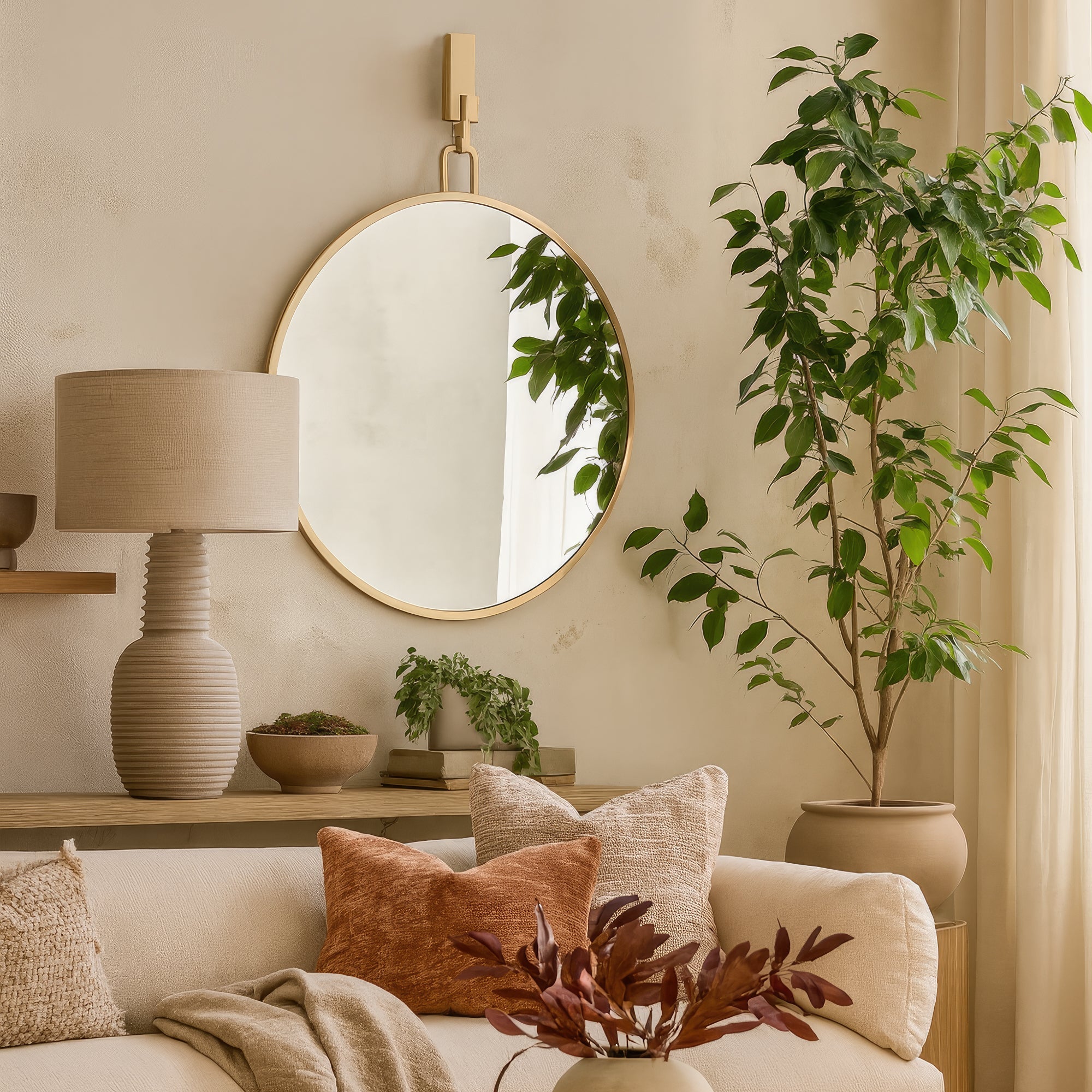 A warm, modern organic living room with a gold Stopwatch 30 inch diameter mirror over an accent table