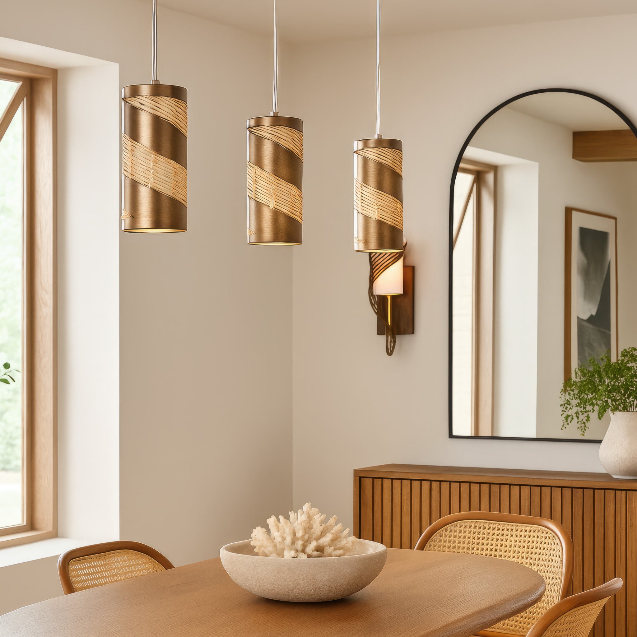 Flow 1 Light Cylinder Mini Pendant - Baguette/Natural Rattan