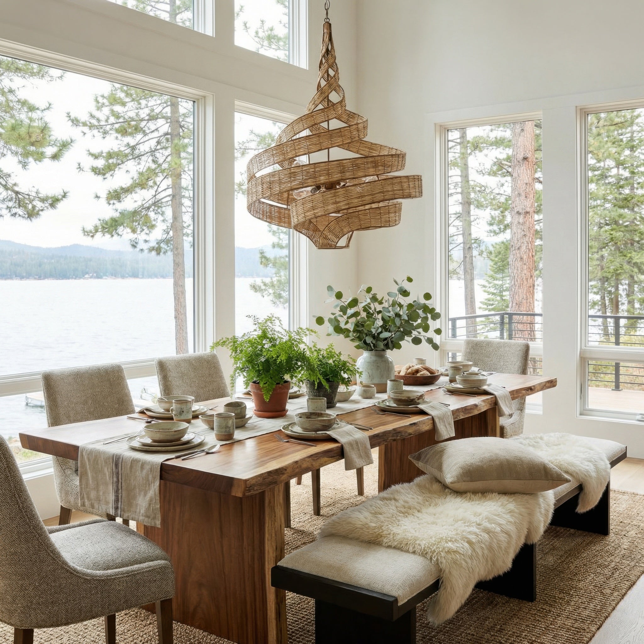 Flow 6 Light Large Twist Pendant - Baguette/Natural Rattan