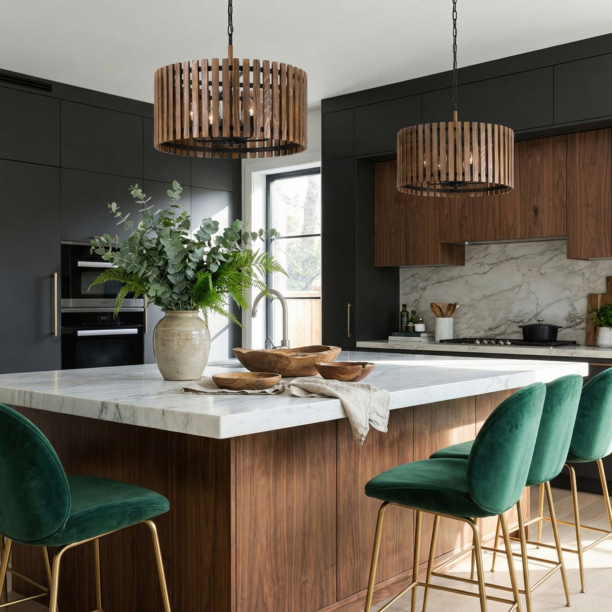 Suratto 6 Light Pendant - Matte Black/Medium Walnut