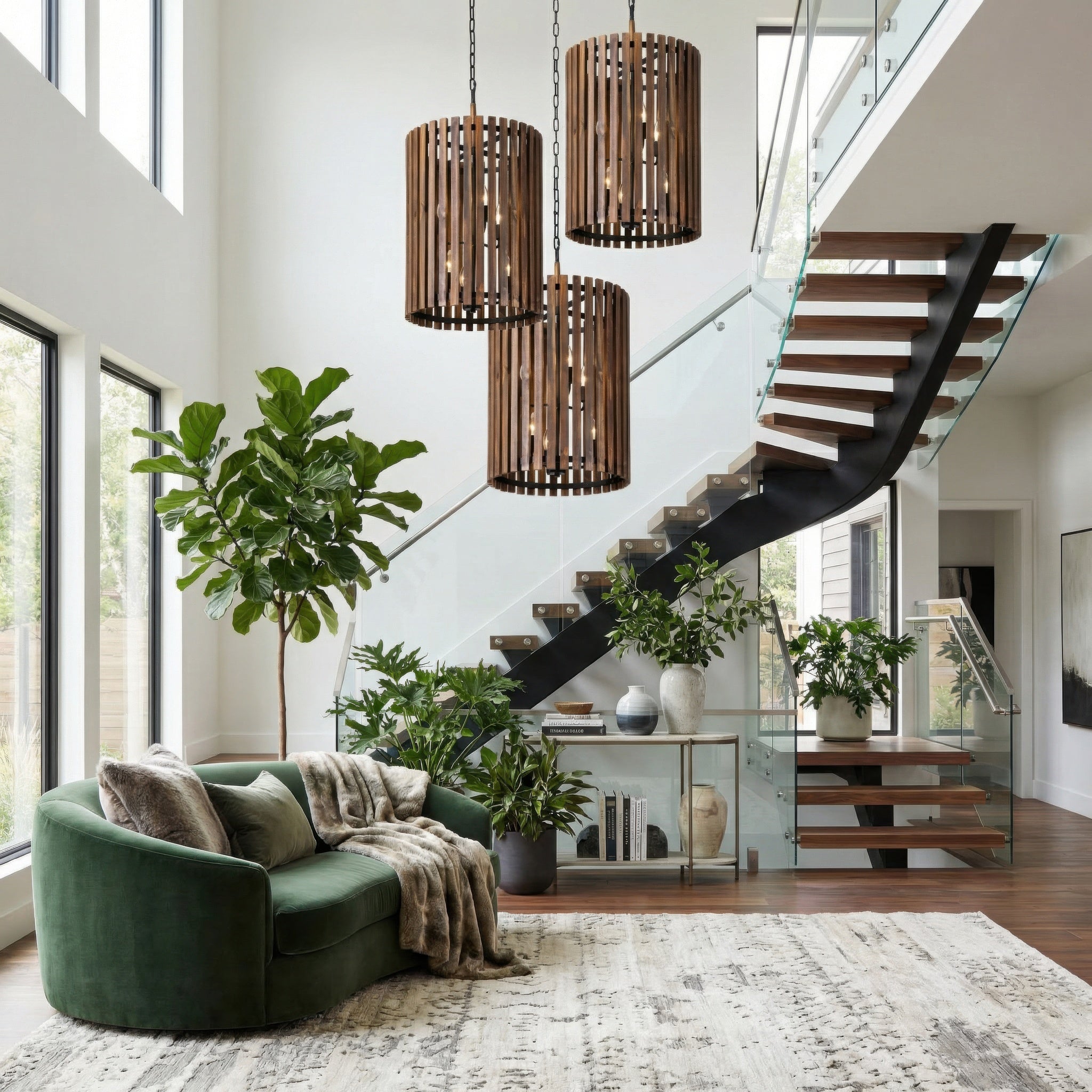 Suratto 6 Light Foyer - Matte Black/Medium Walnut
