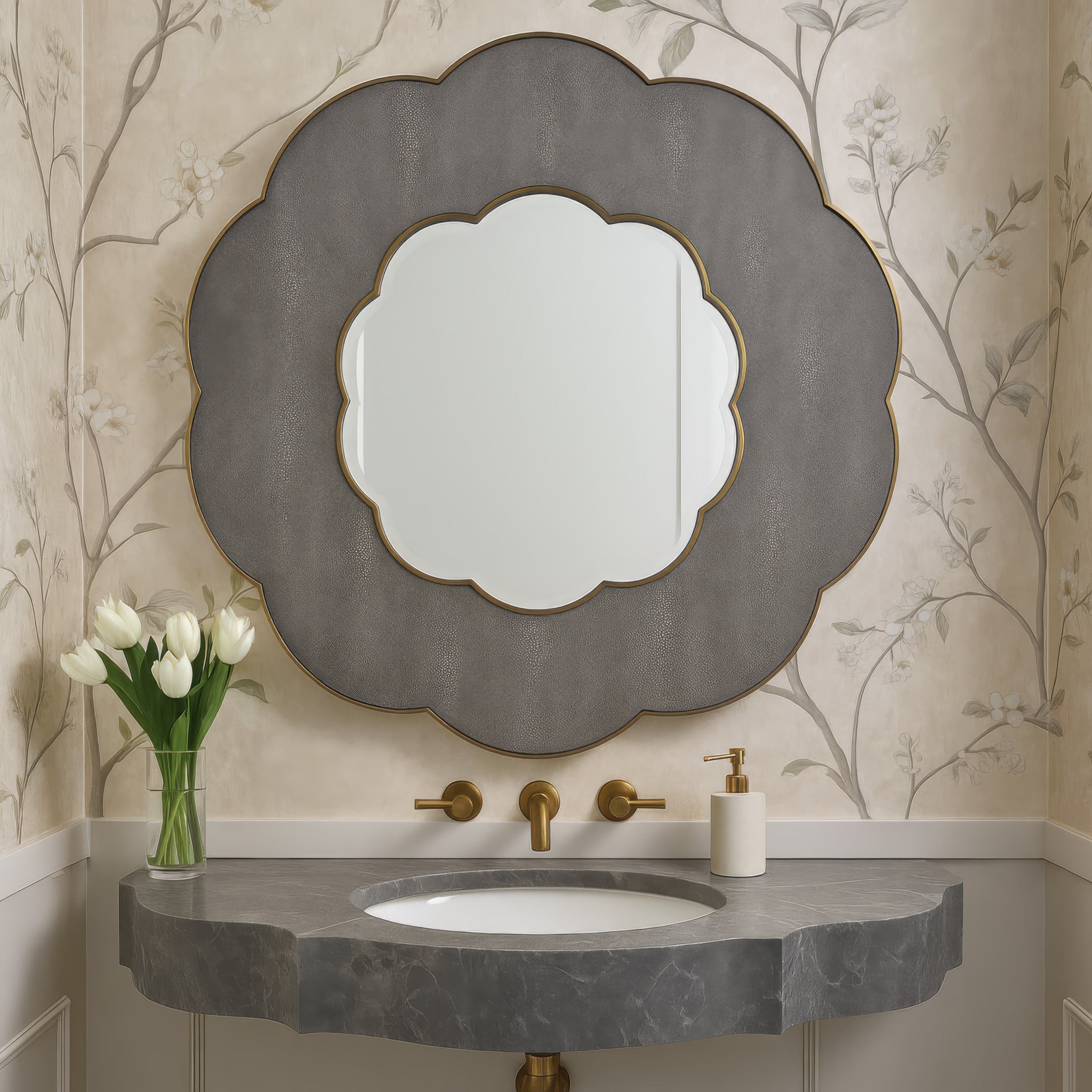 Scallop 36-in Wall Mirror - Gray Shagreen/Weathered Brass