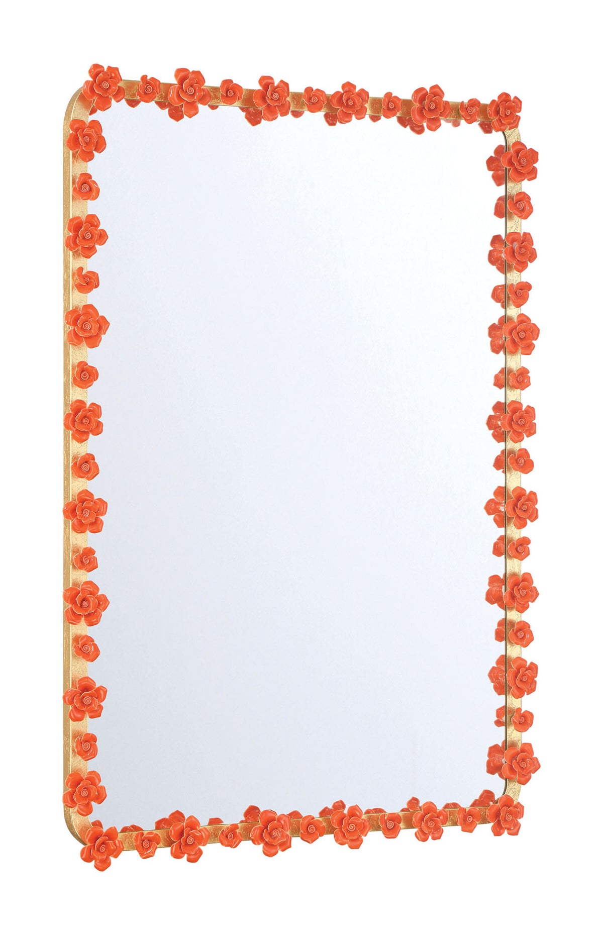 Late Bloomer 26 by 38 Inch Gold Leaf Rectangular Mirror with Velvet Tangerine Ceramic Roses