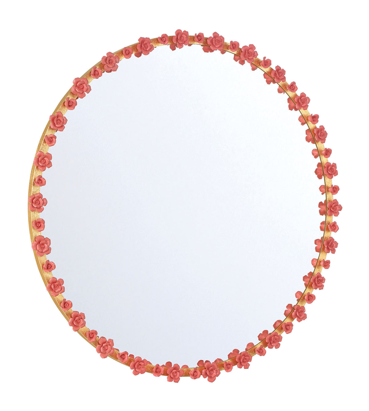 Late Bloomer 38 Inch Round Gold Leaf Mirror with Dusty Rose Ceramic Roses