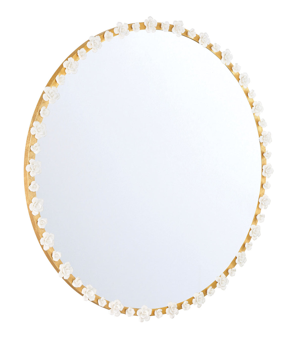 Late Bloomer 38 Inch Round Gold Leaf Mirror with Ecru Ceramic Roses
