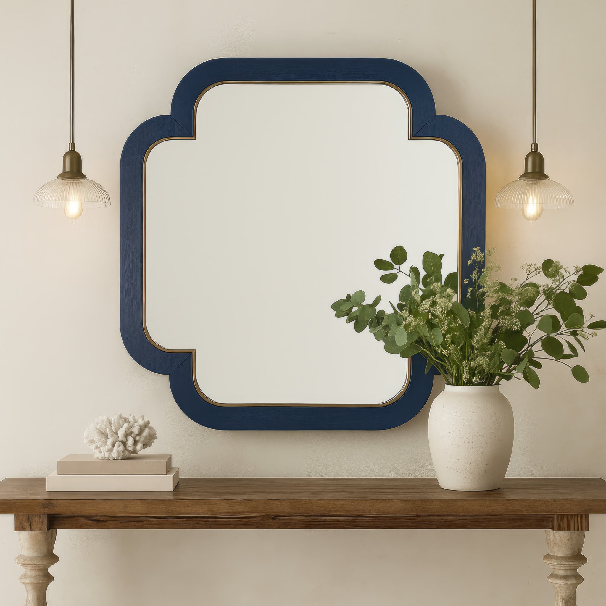 Swiss 36x36 Wall Mirror - Dark Blue Grasscloth/Weathered Brass