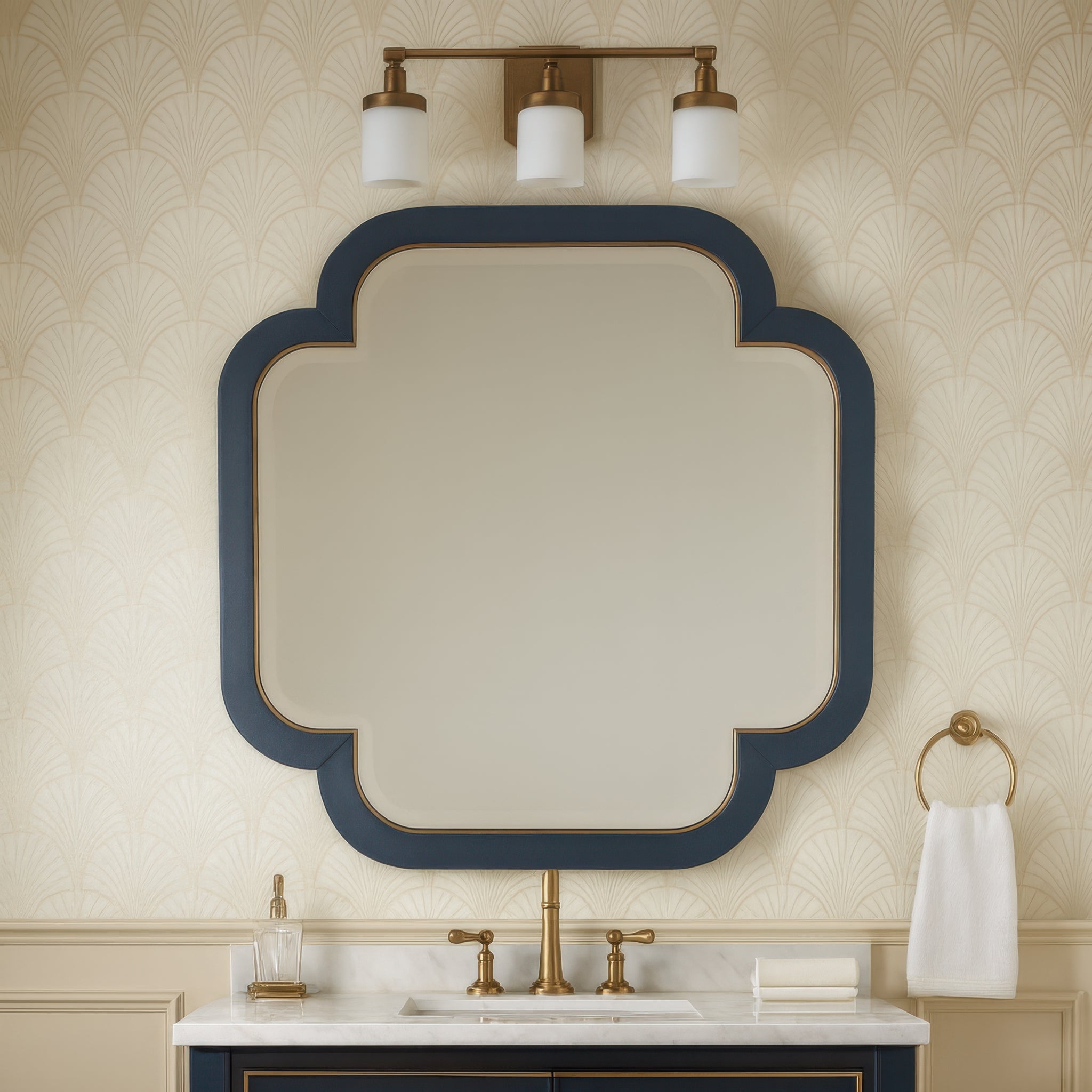 Swiss 50x50 Wall Mirror - Dark Blue Grasscloth/Weathered Brass