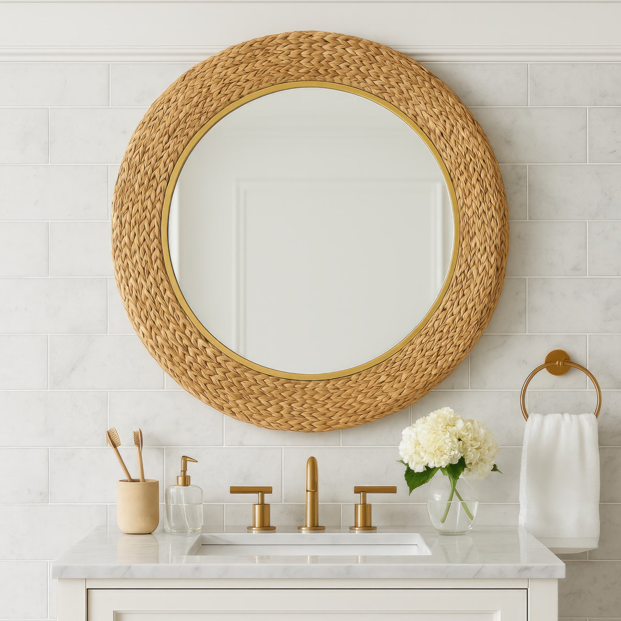Athena 30-in Round Wall Mirror - French Gold/Natural Seagrass
