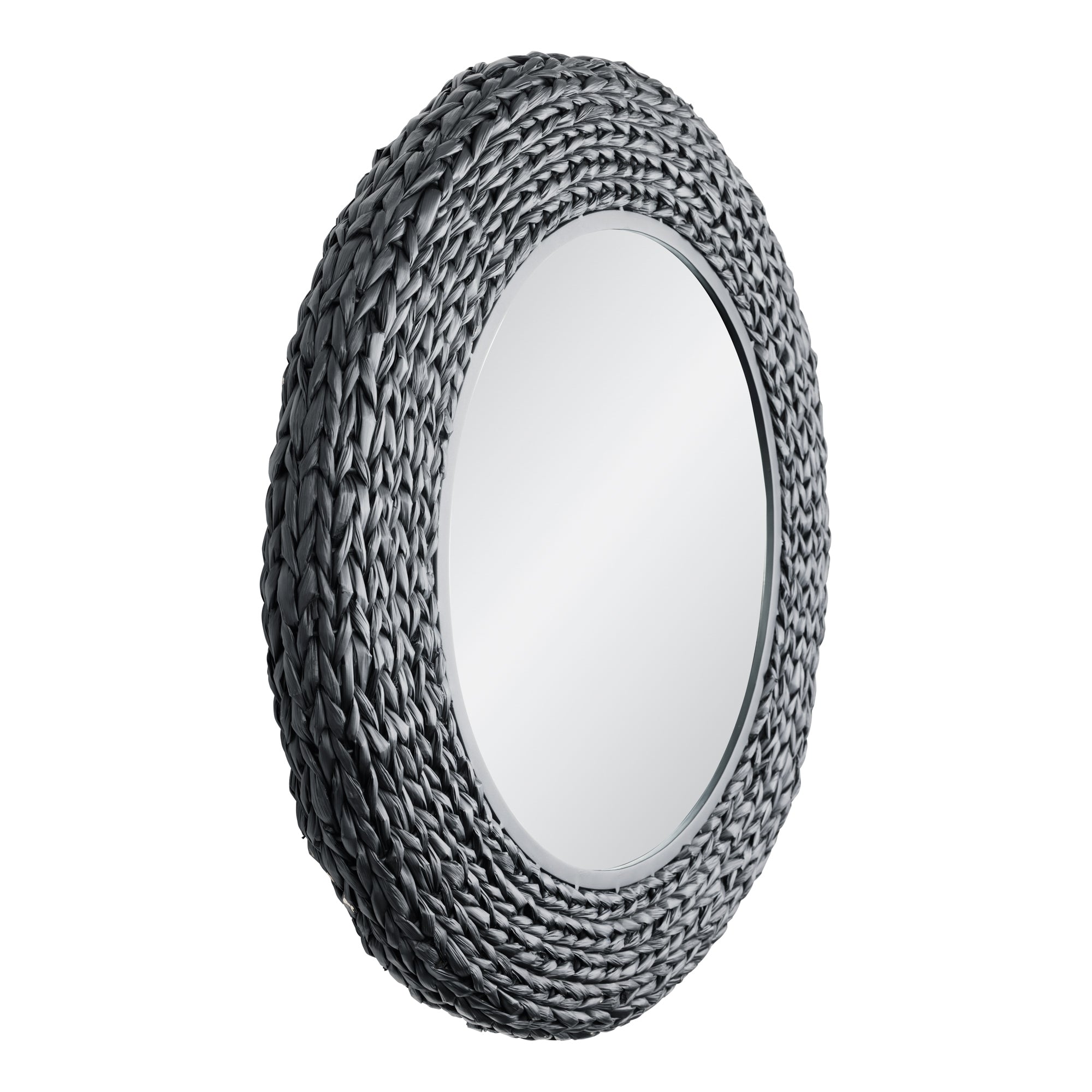 Athena 30-in Round Wall Mirror - Matte Black/Black Seagrass