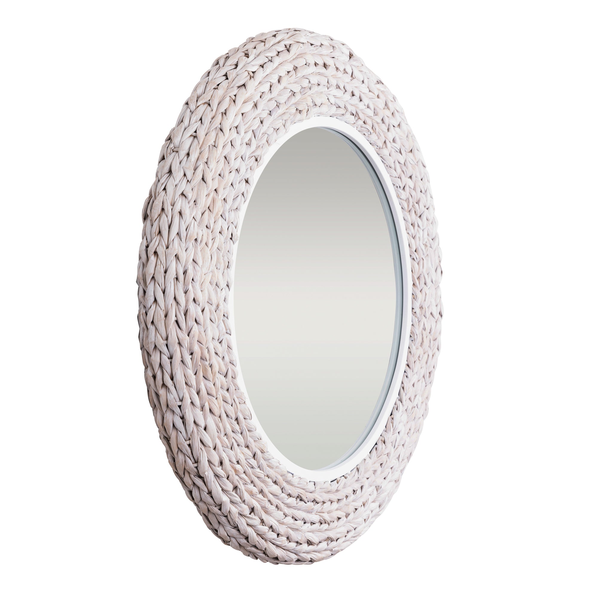 Athena 30-in Round Wall Mirror - Matte White/Whitewash Seagrass