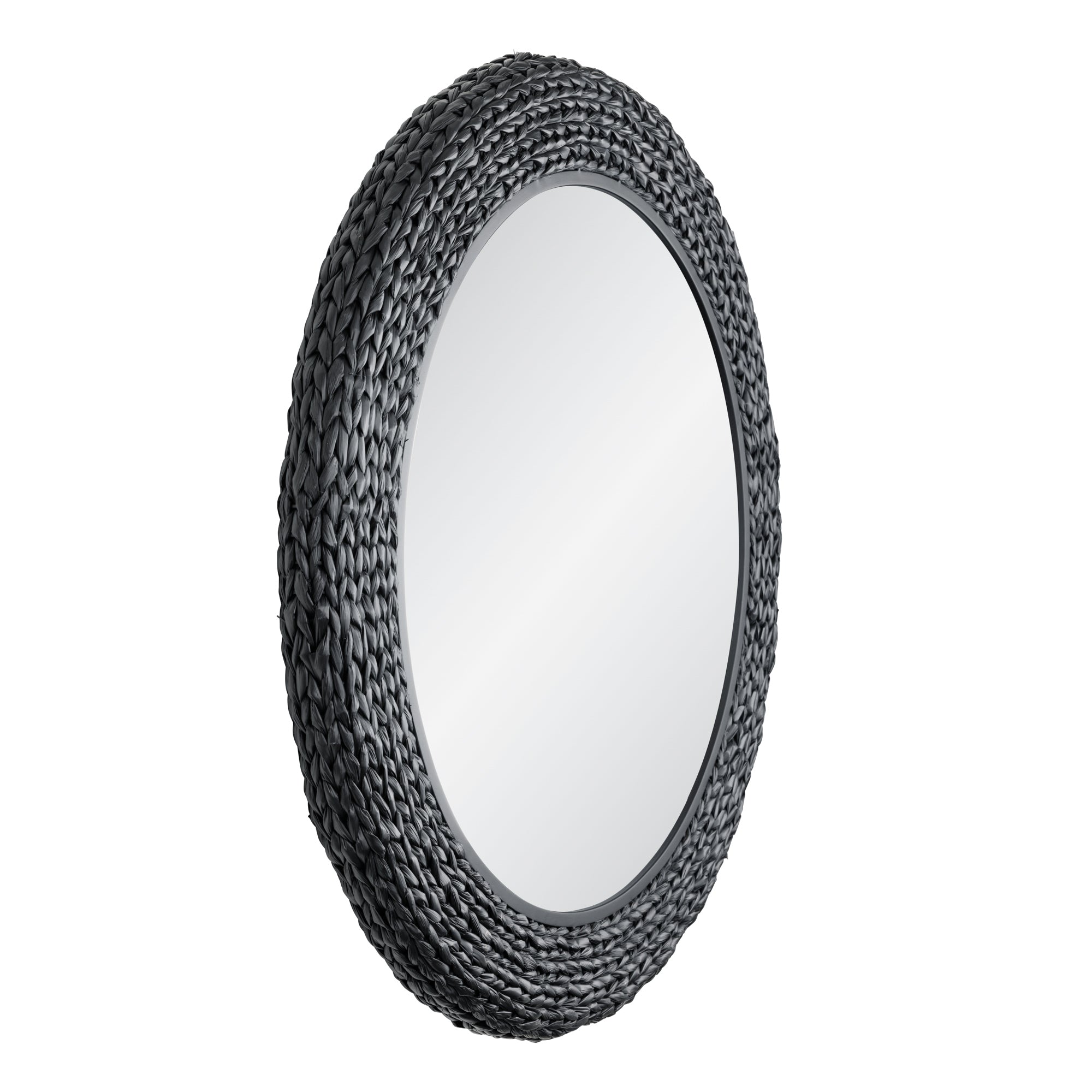 Athena 40-in Round Wall Mirror - Matte Black/Black Seagrass