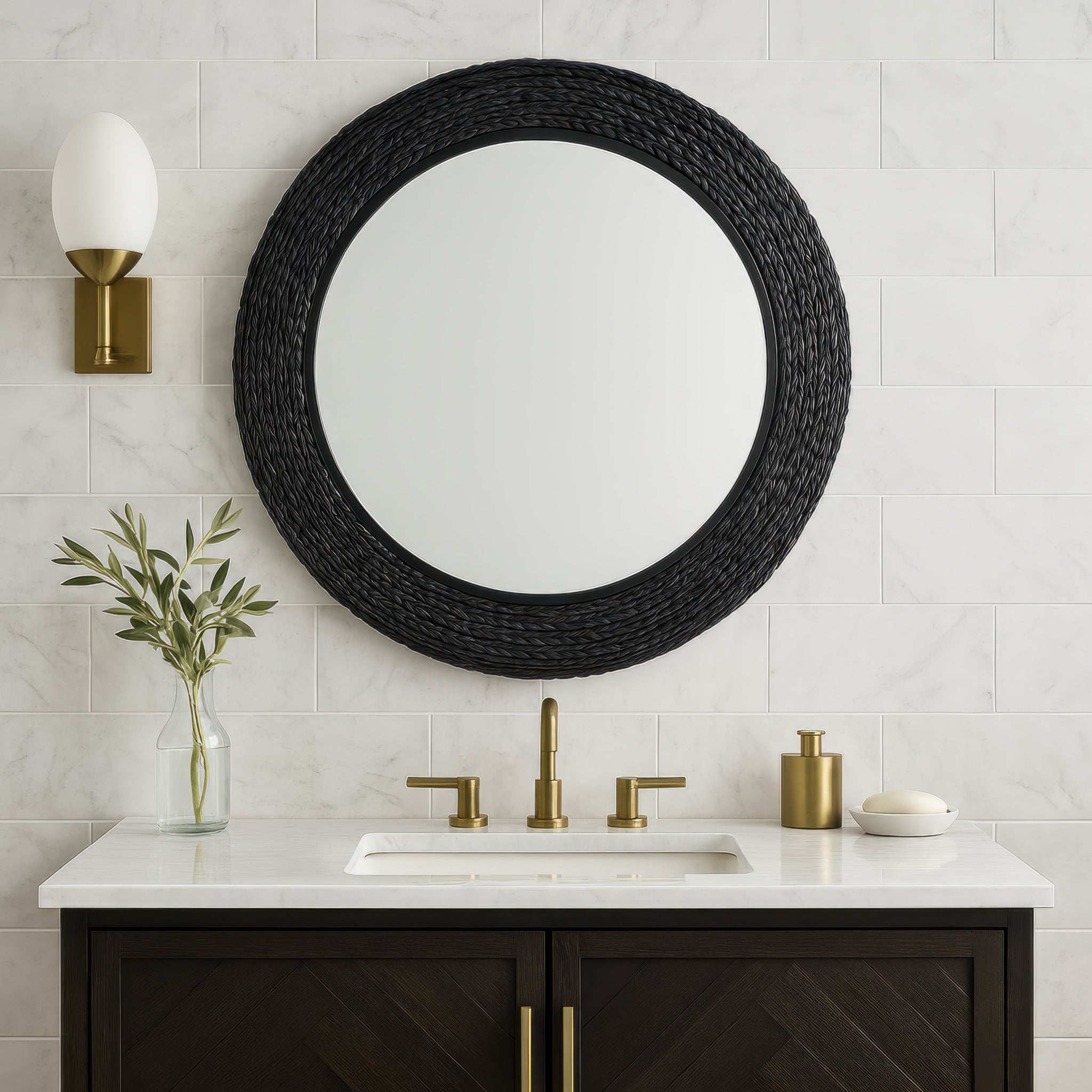 Athena 40-in Round Wall Mirror - Matte Black/Black Seagrass