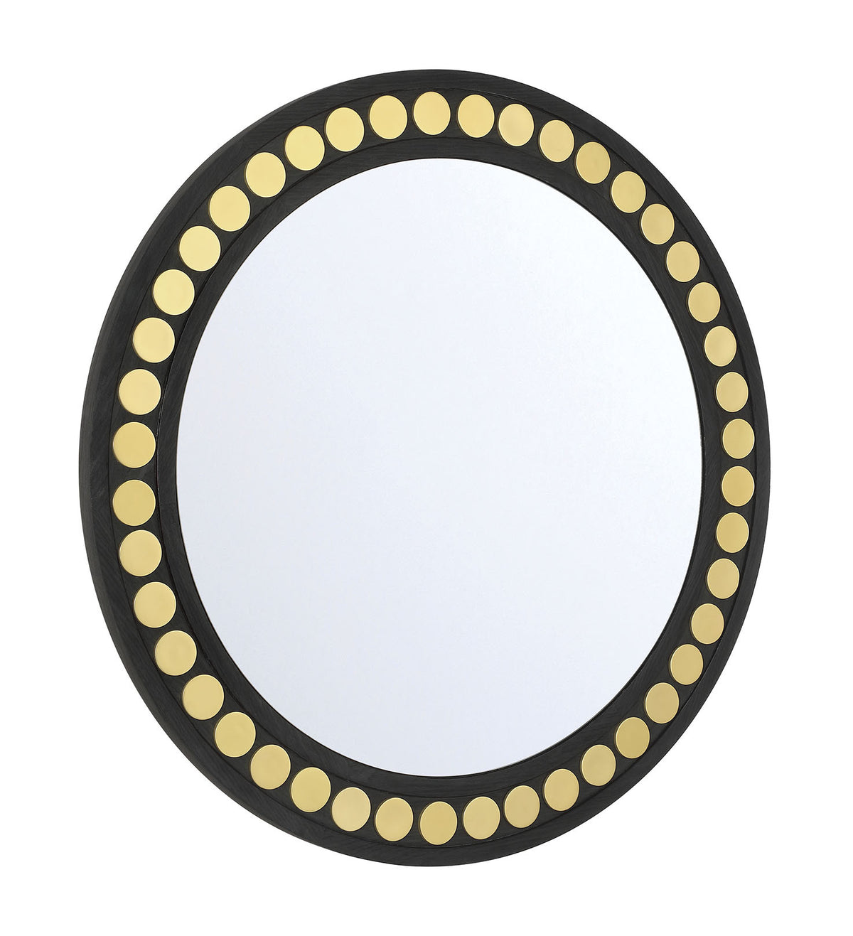 Buttoned Up 36 inch Round Mirror in Cerrused Black Wood with Brass Accents