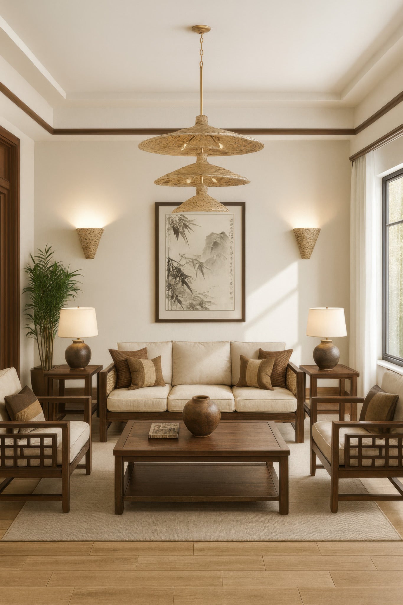 Hilton Head 15-Light 3-Tier Pendant - French Gold/Natural Seagrass