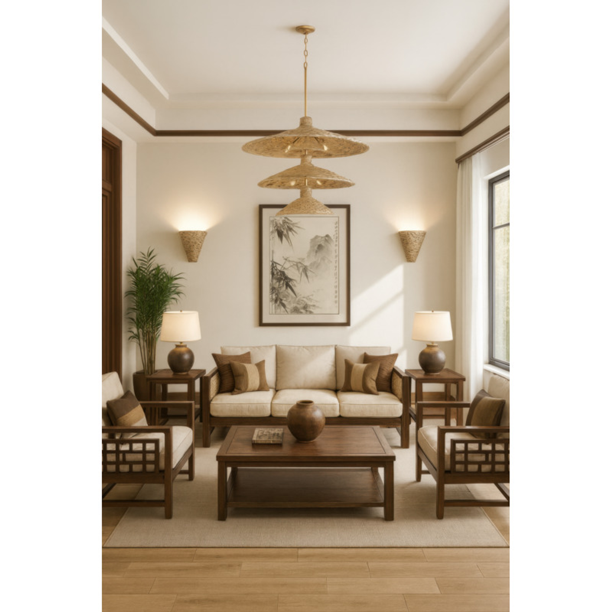 Hilton Head 15-Light 3-Tier Pendant - French Gold/Natural Seagrass