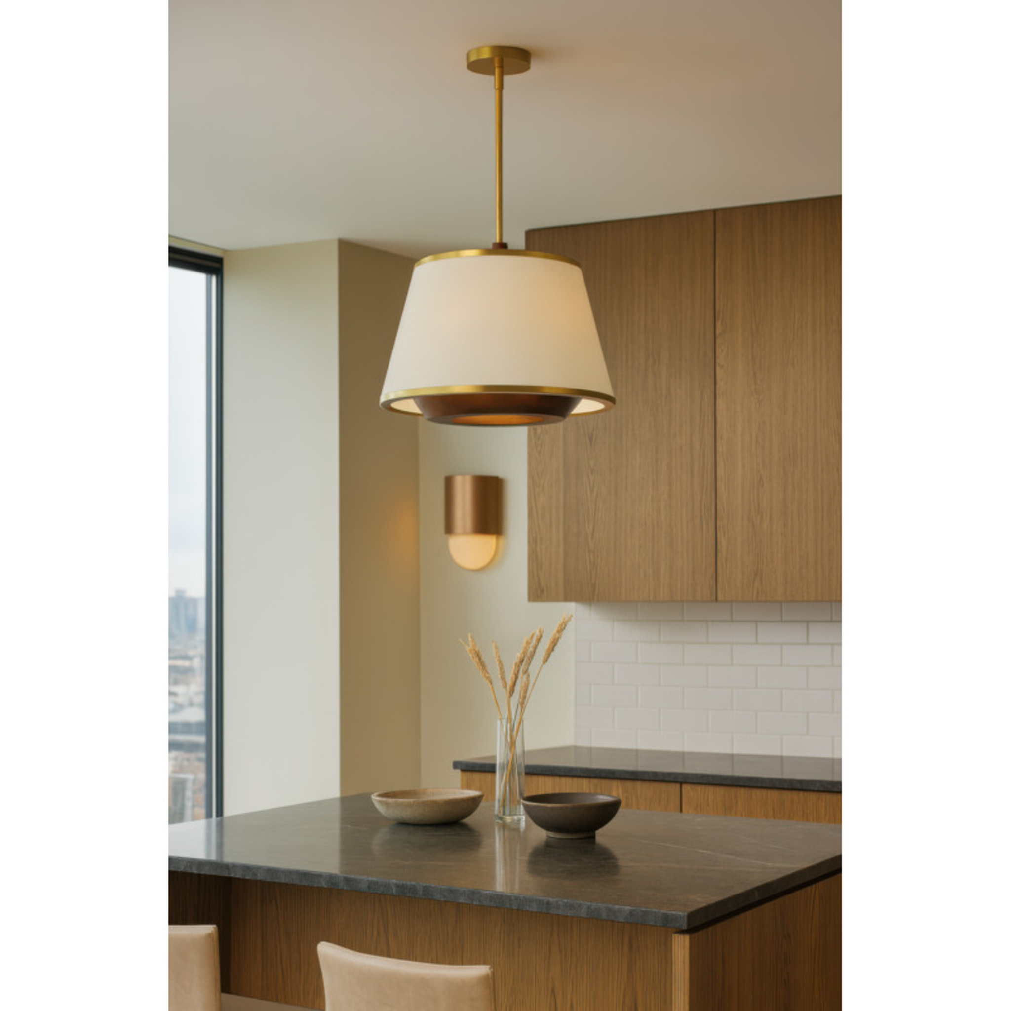 Desert Flyer 3-Light Convertible Pendant/Semi-Flush - Satin Brass/Medium Walnut