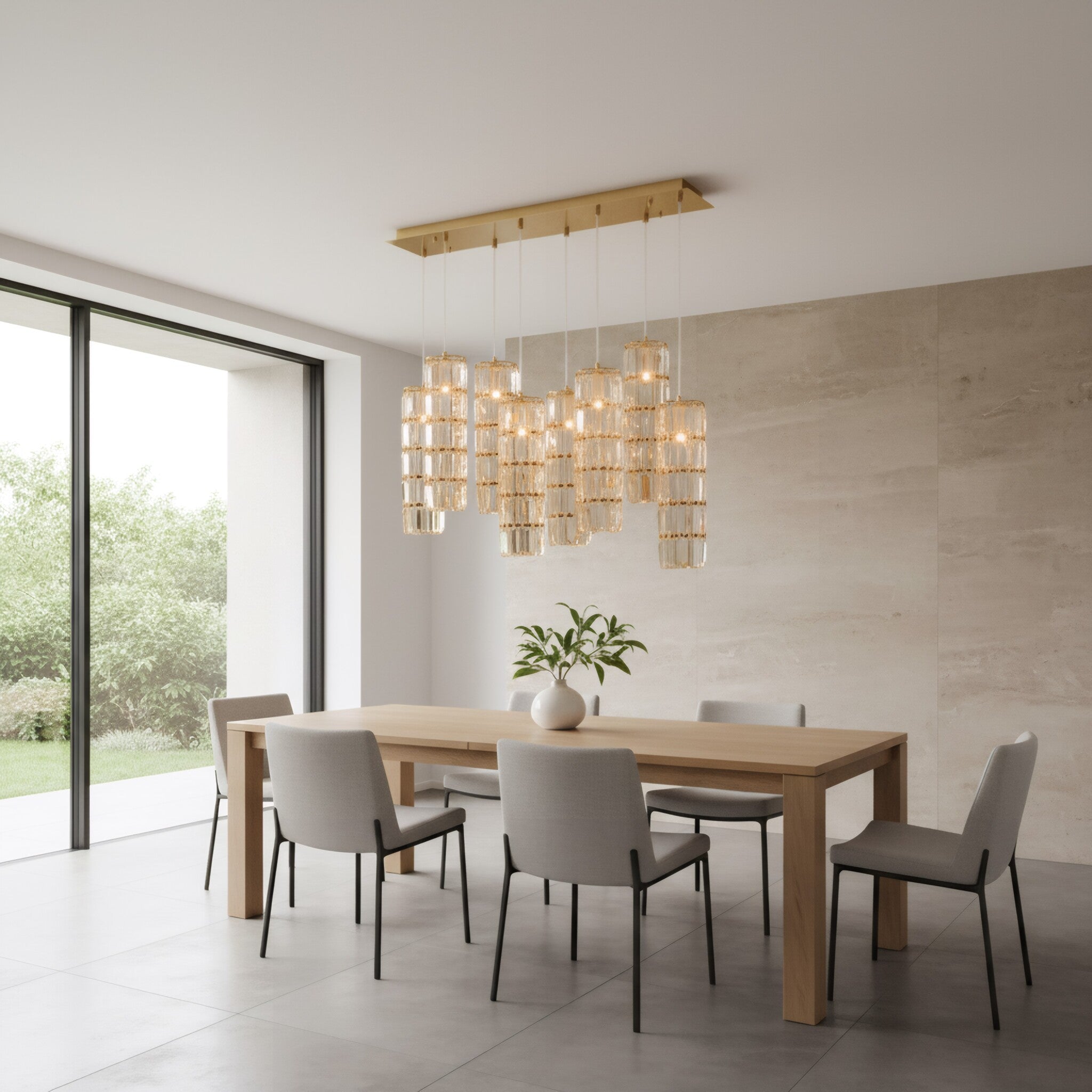 Golden Hour 8 Light Dimmable Linear Cluster of Pendants - Satin Gold