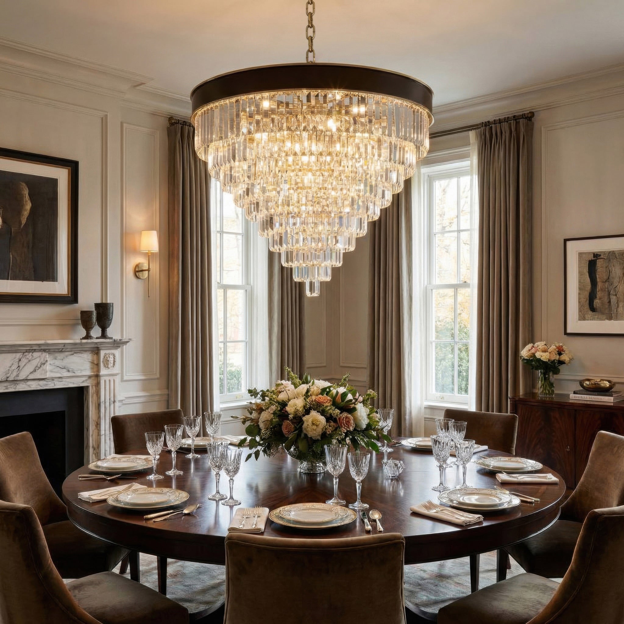 Strata 25 Light Dimmable Pendant Chandelier - Espresso Brown, Polished Gold and Satin Gold