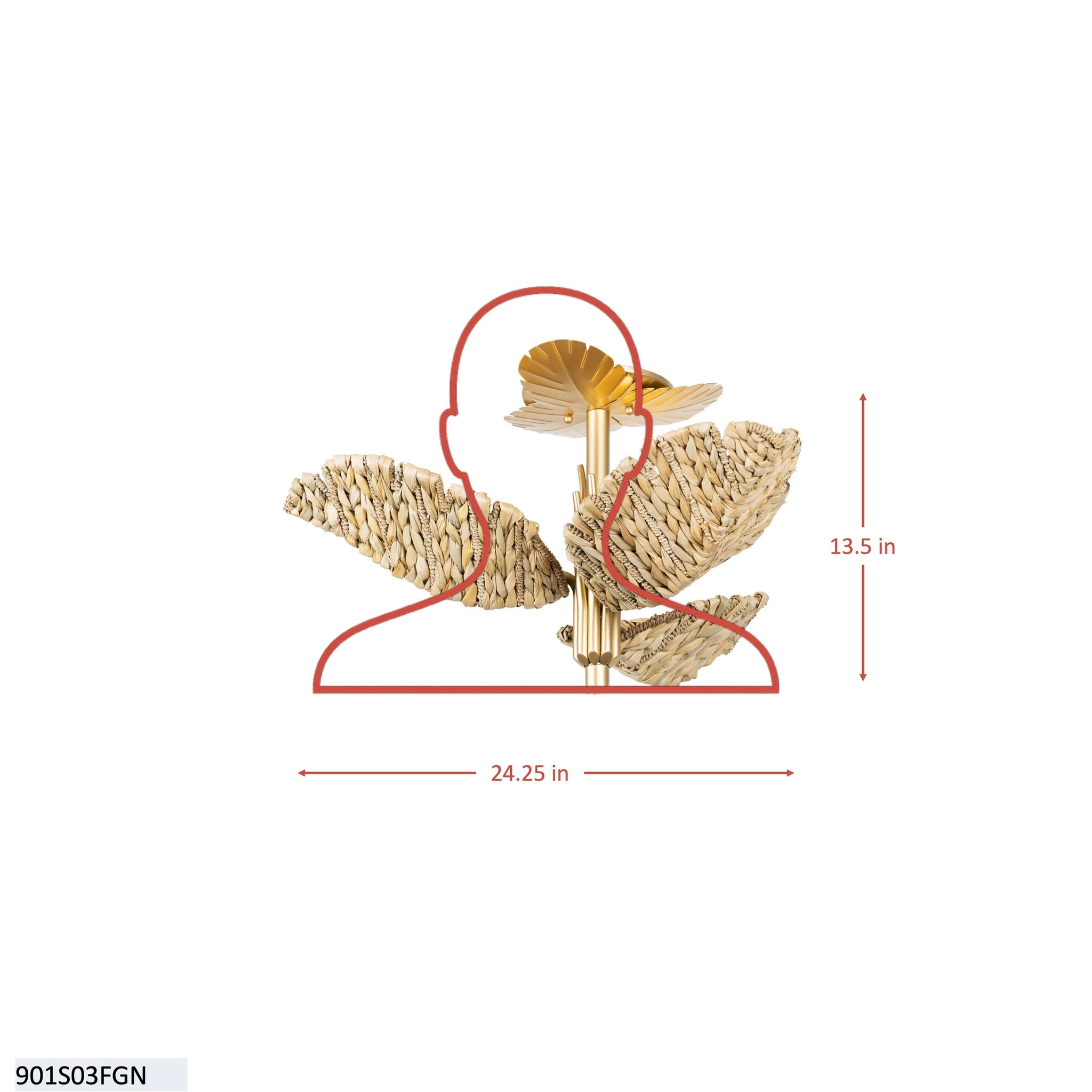 Banana Leaf 3 Light Semi-Flush - French Gold/Natural Seagrass