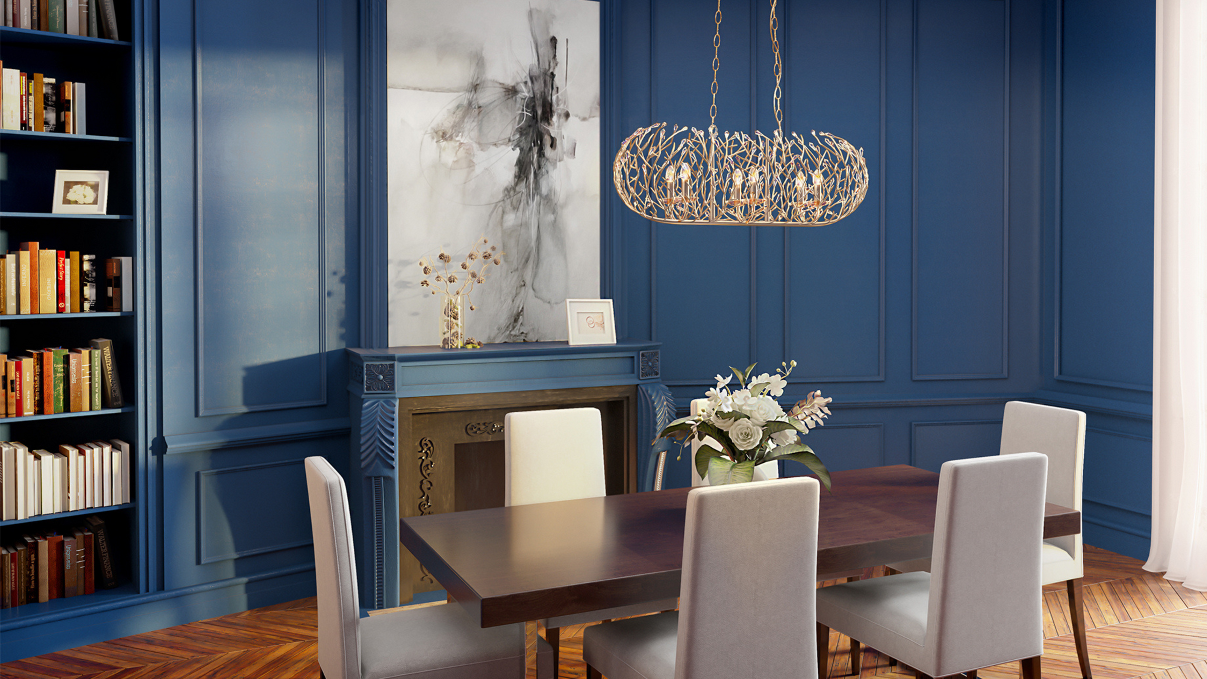 Bask crystal kitchen island pendant shown over dining table in a blue paneled room