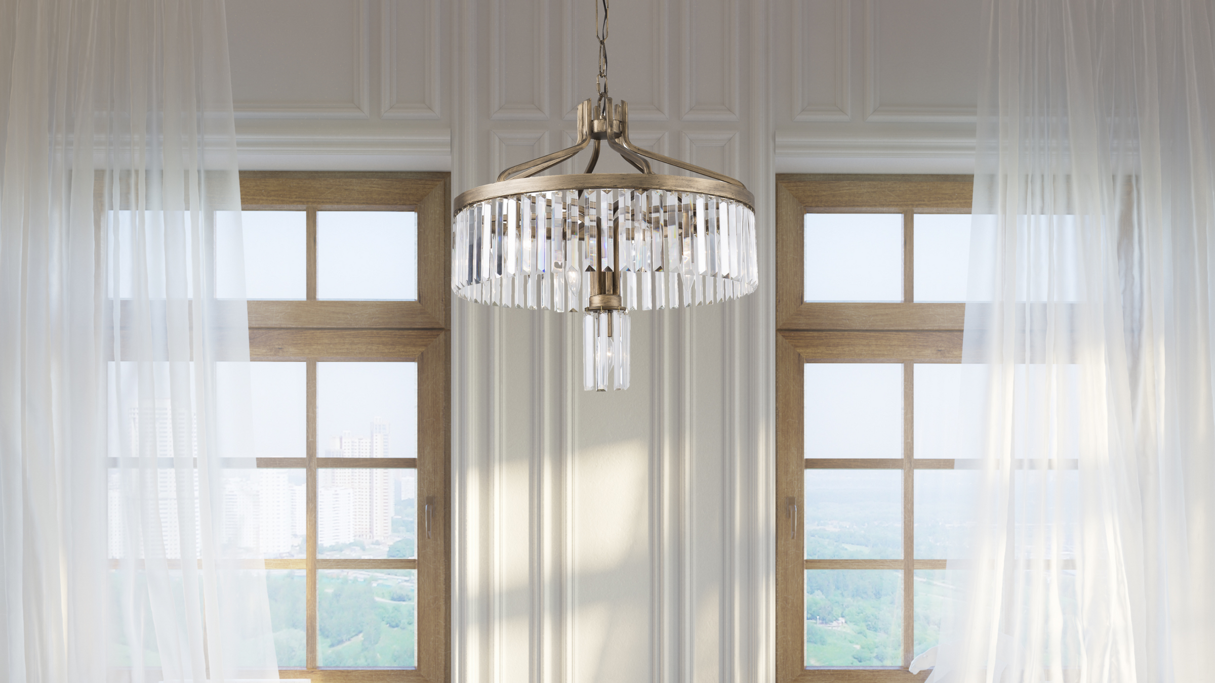 Social club chandelier shown in large room with wood windows and white see-through curtains