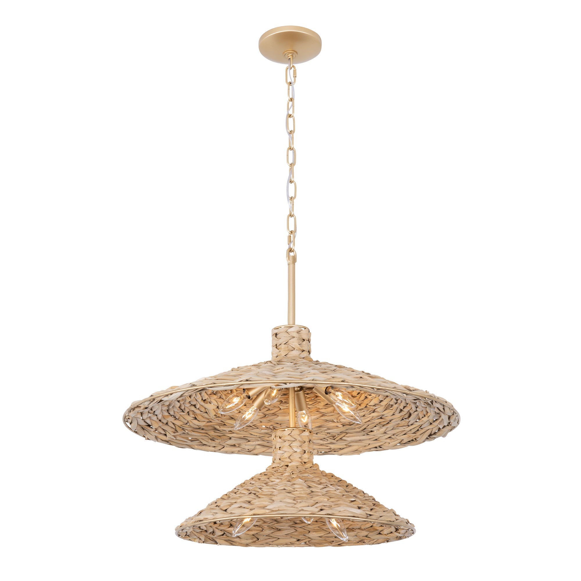 Hilton Head 502P09FGN 9-Light 2-Tier Pendant Light - French Gold/Natural Seagrass