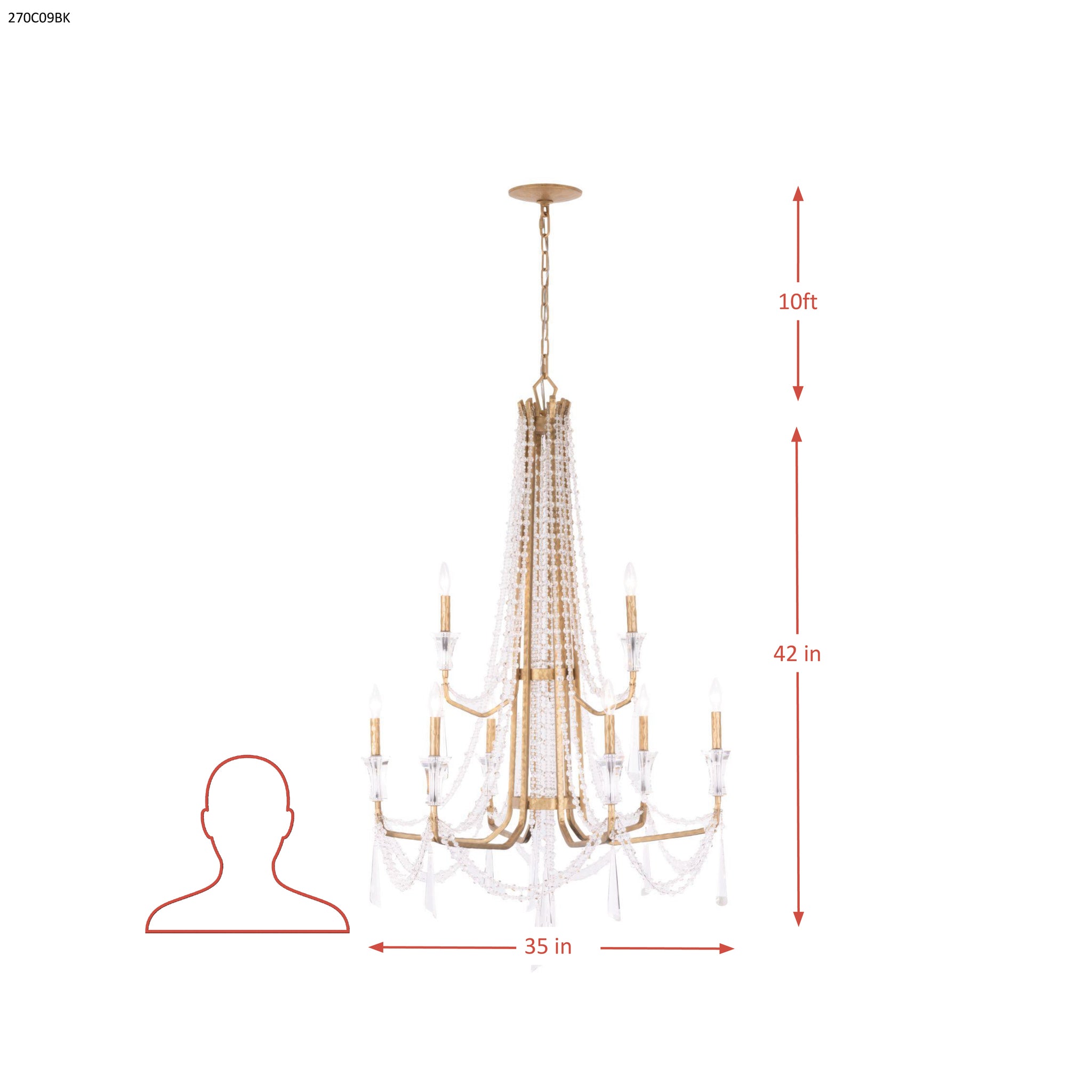 Barcelona 9 Light 2-Tier Crystal Chandelier - Brass Kisser