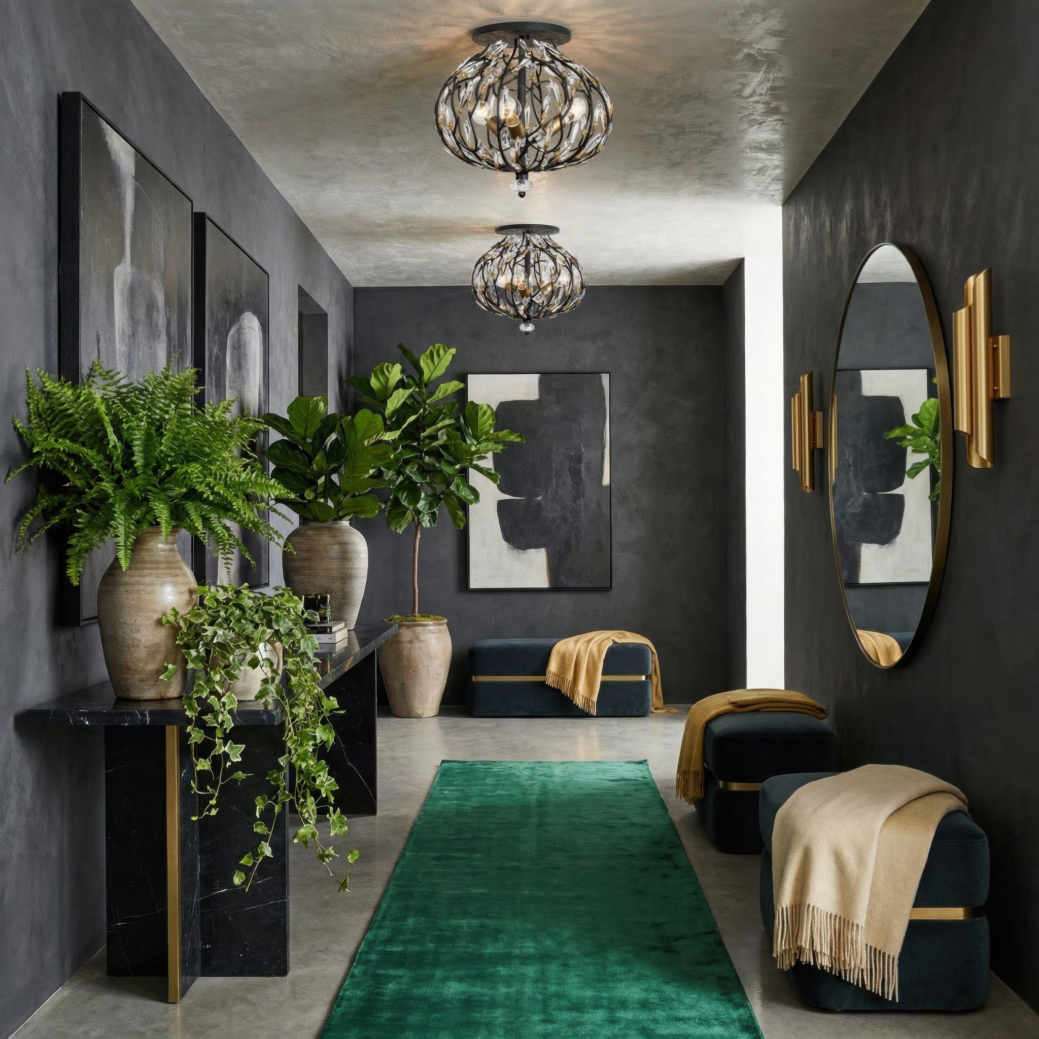Bask 3 Light Crystal Semi-Flush - Matte Black/French Gold