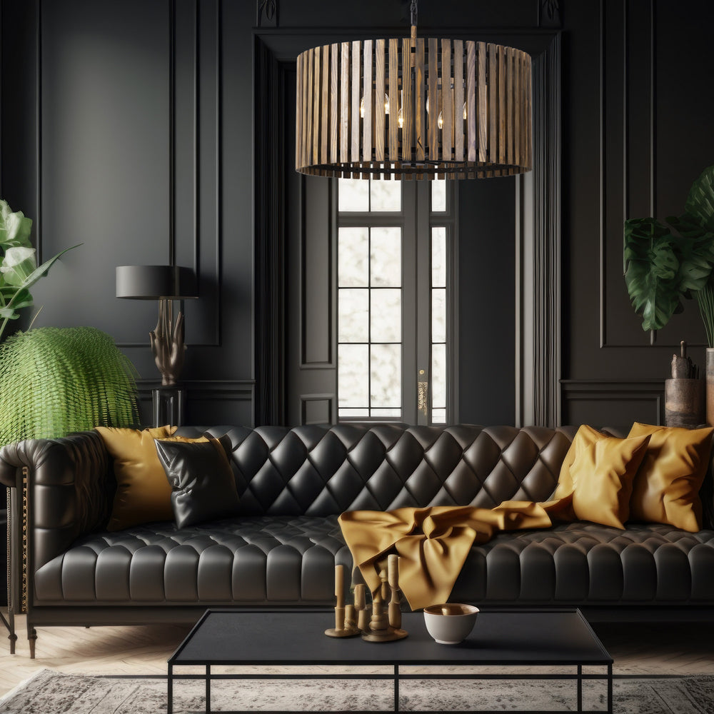 Dark living room with black paneled walls, a leather couch, and a brown slat wood Varaluz pendant