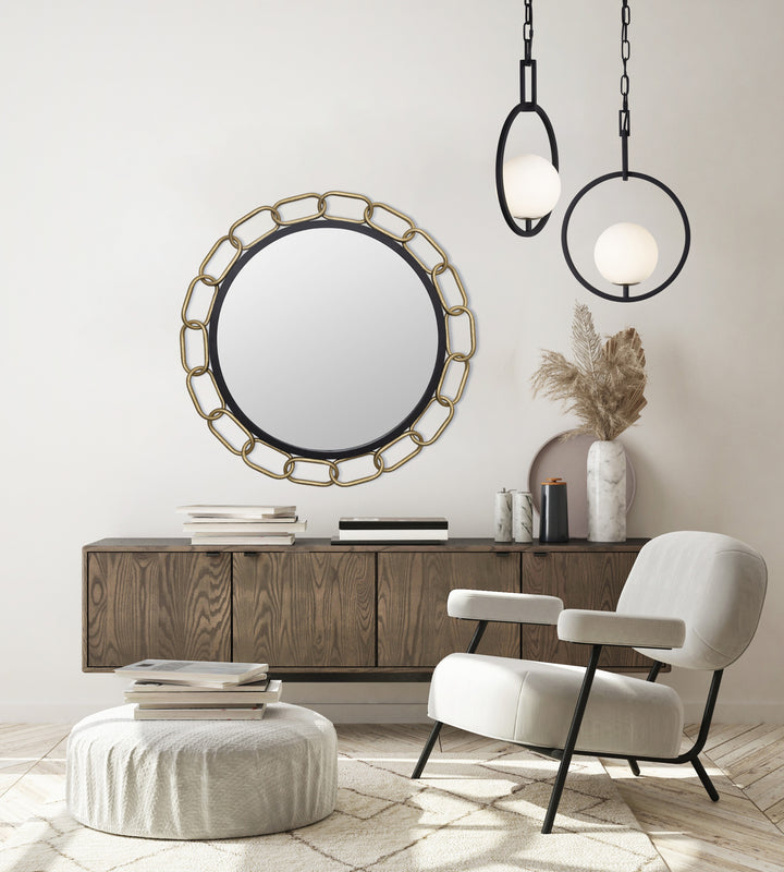 black and white stopwatch pendants in living room with a large chain mirror