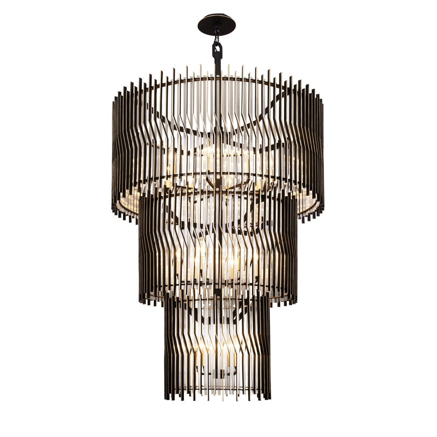 Park Row 3-Tier 18-Light Chandelier with Fluted Glass and Matte Black/French Gold Frame | Varaluz Statement Lighting