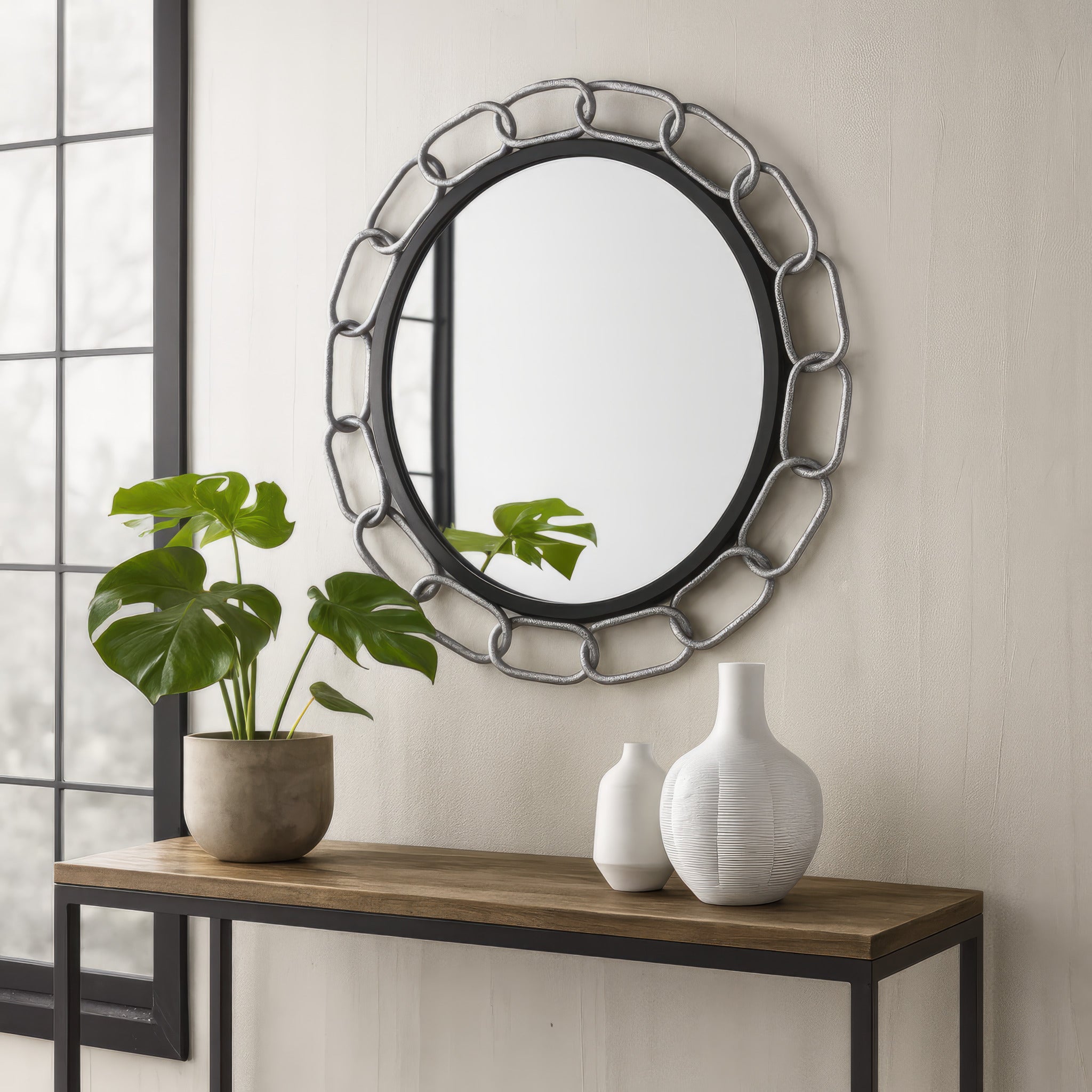 Chains of Love 30-in Round Wall Mirror - Matte Black/Textured Silver