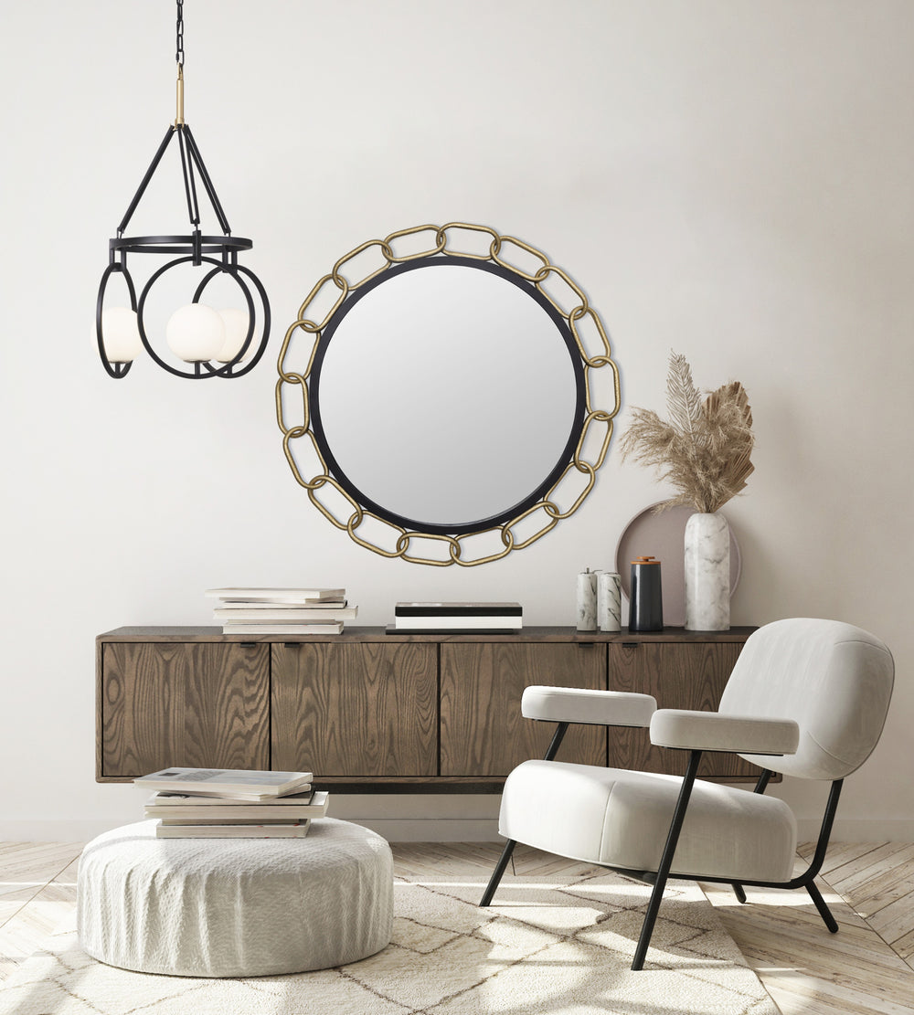 black and white stopwatch pendant in living room with a large chain mirror