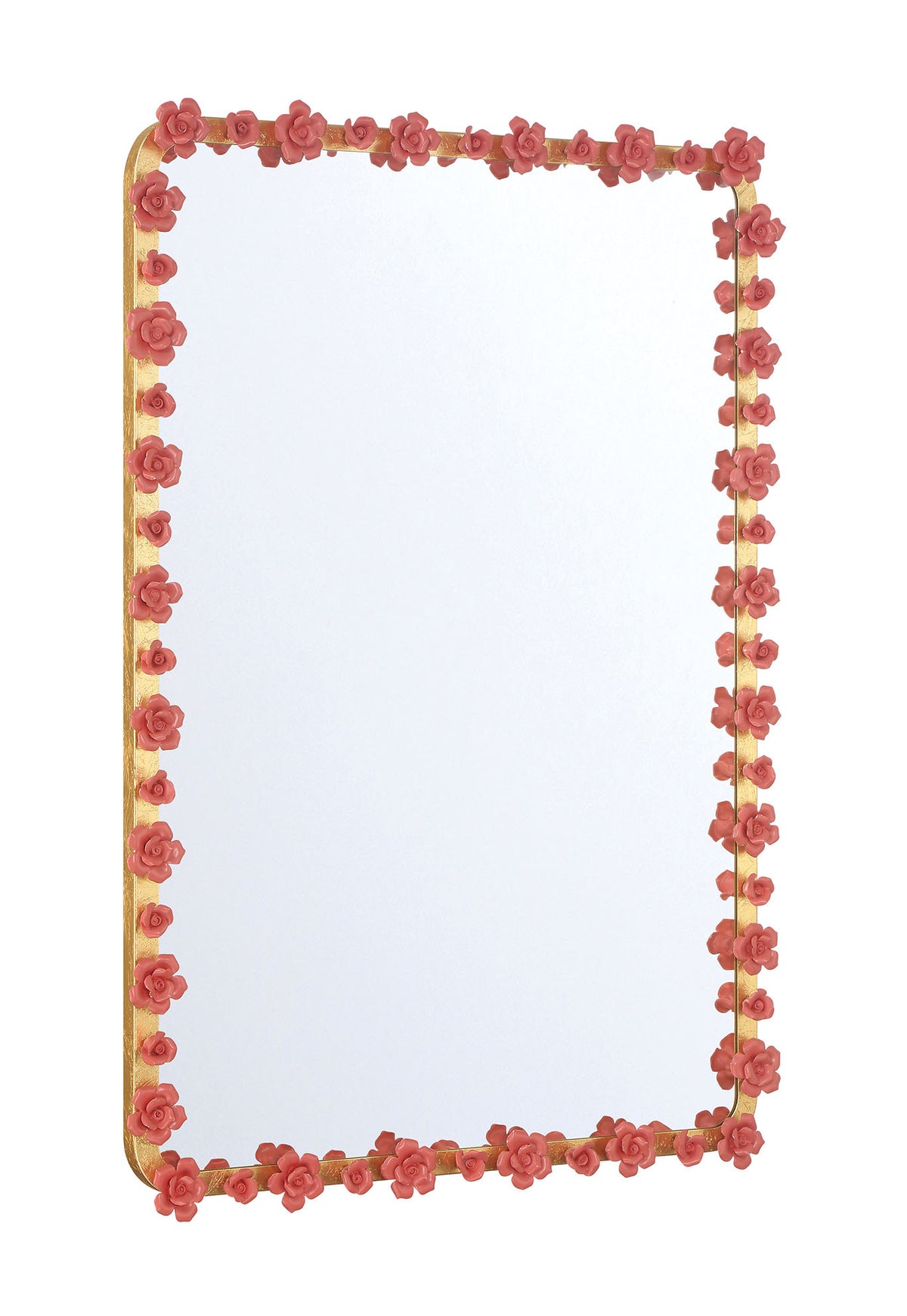 Late Bloomer 26 by 38 Inch Gold Leaf Rectangular Mirror with Dusty Rose Ceramic Roses