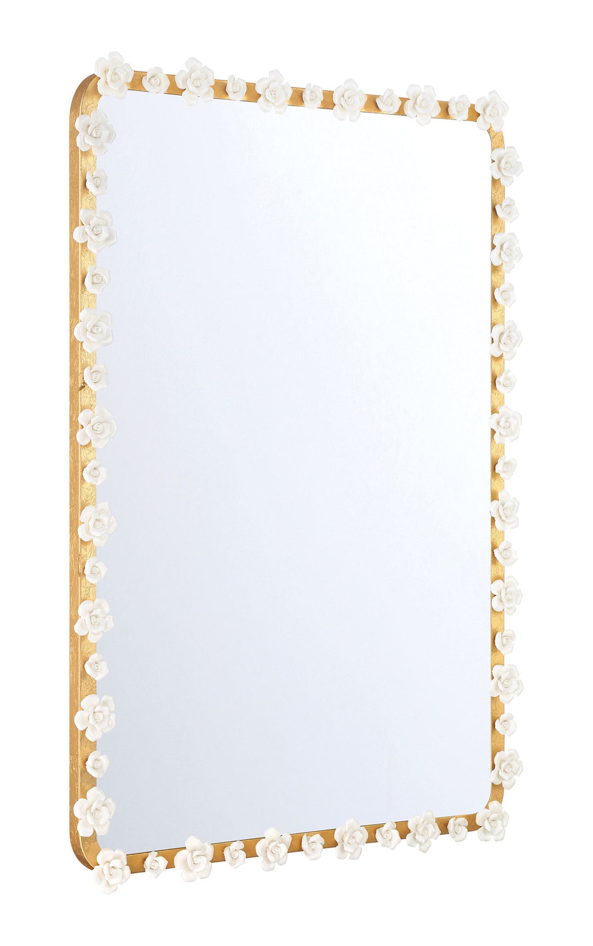 Late Bloomer 26 by 38 Inch Gold Leaf Rectangular Mirror with Ecru Ceramic Roses