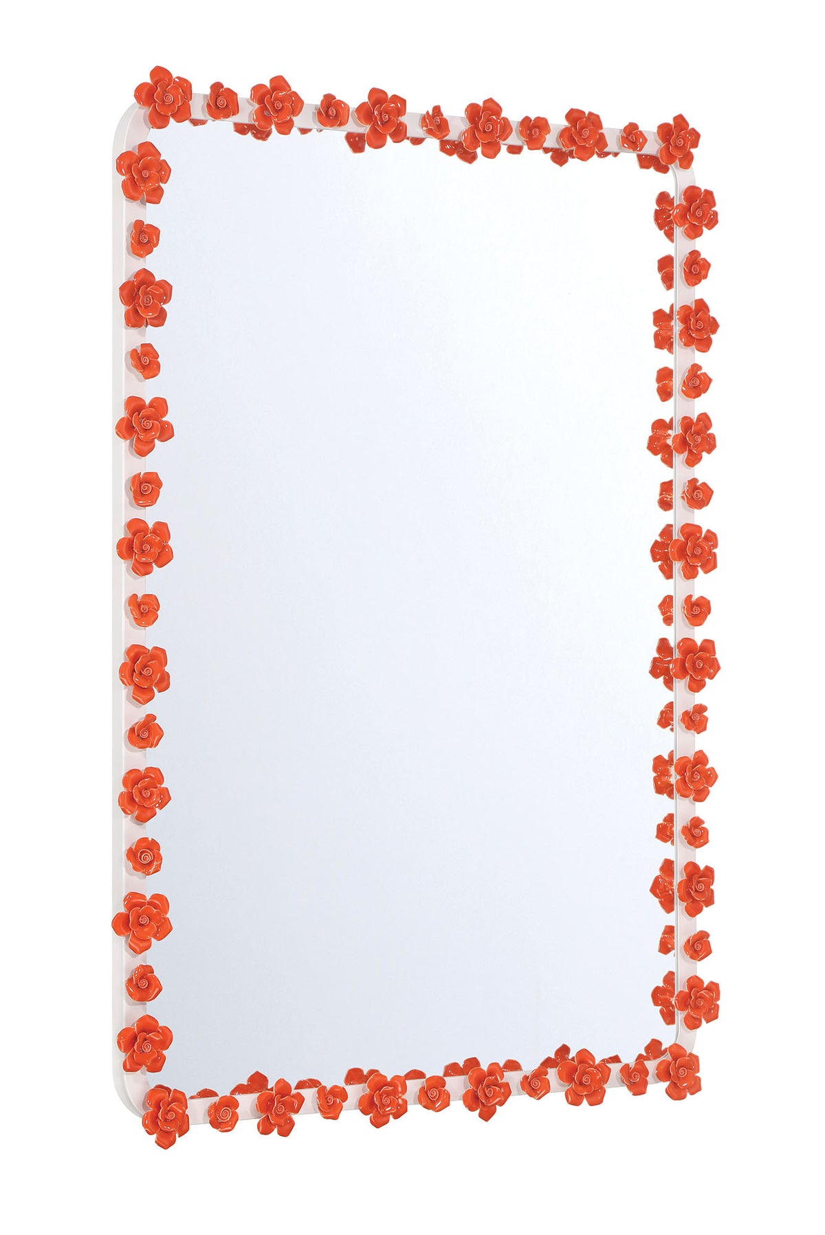 Late Bloomer 26 by 38 Inch Soft Alabaster White Rectangular Mirror with Velvet Tangerine Ceramic Roses