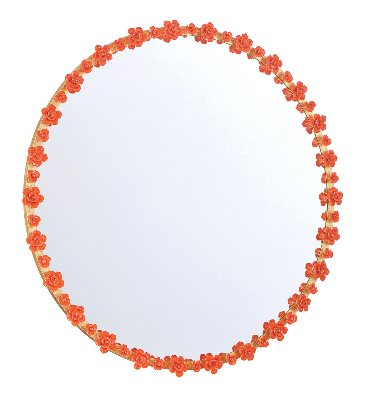 Late Bloomer 38 Inch Round Gold Leaf Mirror with Velvet Tangerine Ceramic Roses