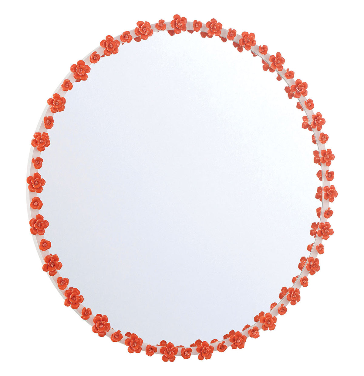 Late Bloomer 38 Inch Round Soft Alabaster White Mirror with Velvet Tangerine Ceramic Roses