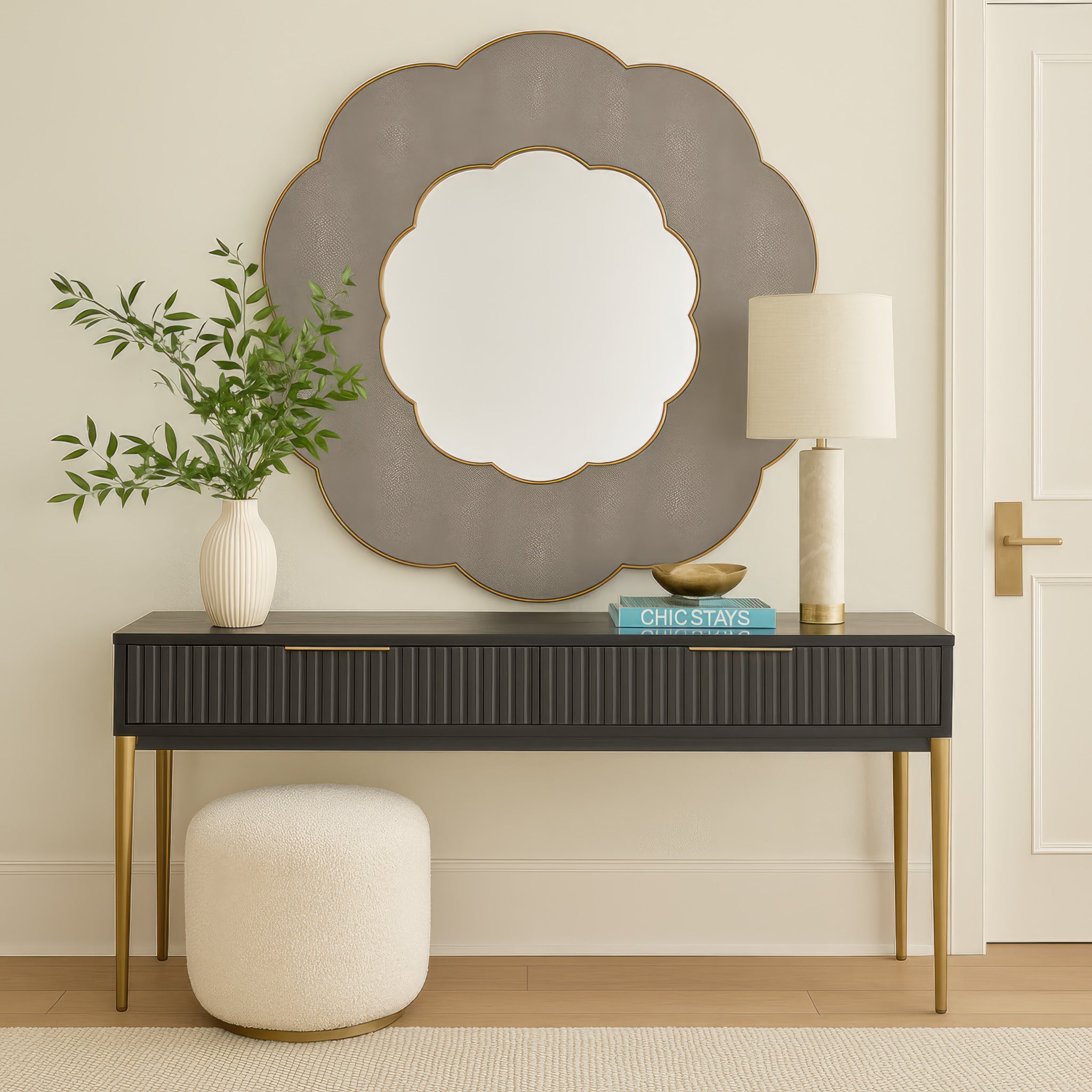Scallop 54-in Wall Mirror - Gray Shagreen/Weathered Brass
