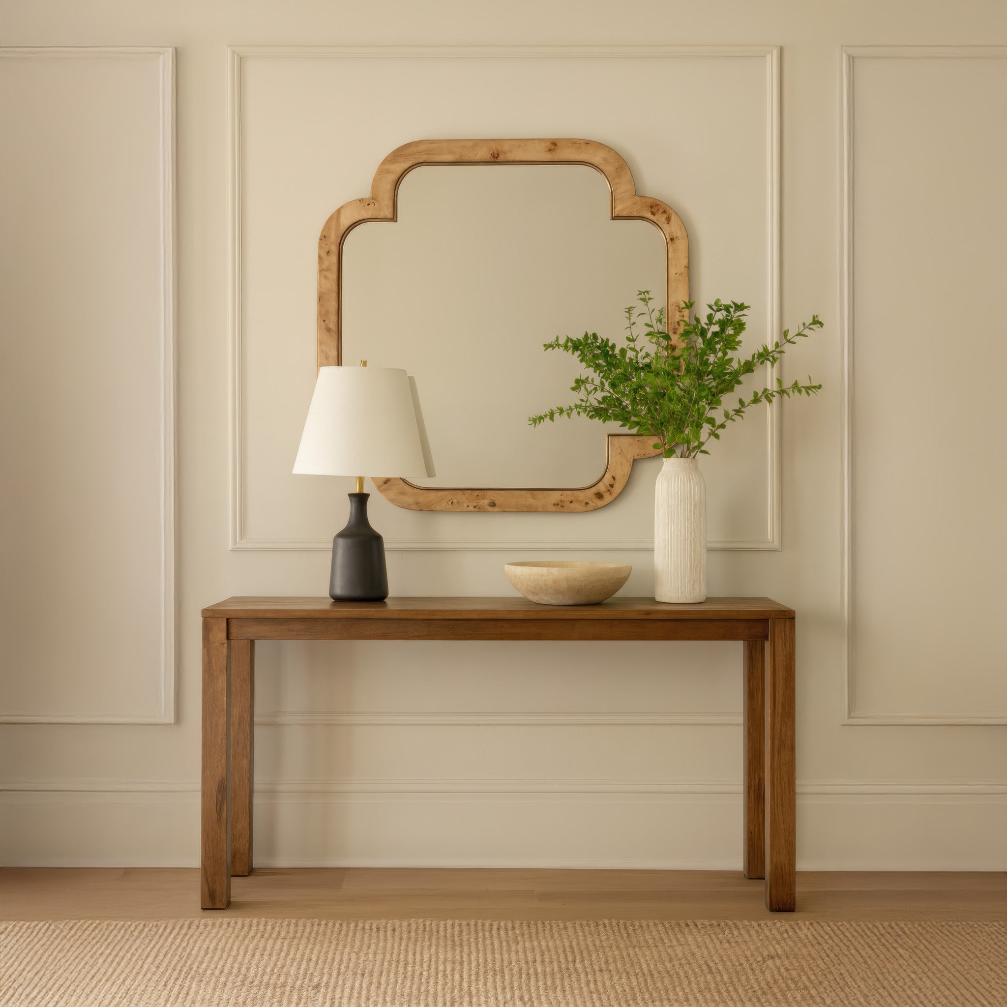 Swiss 50x50 Wall Mirror - Poplar Burl/Weathered Brass
