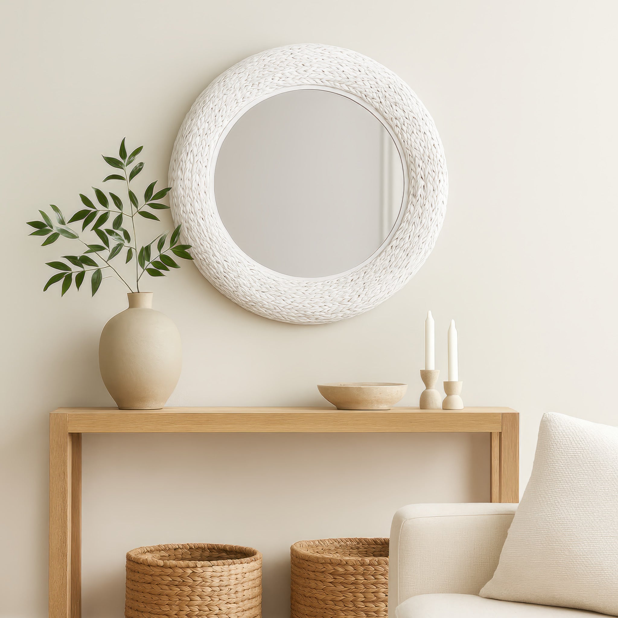 Athena 30-in Round Wall Mirror - Matte White/Whitewash Seagrass