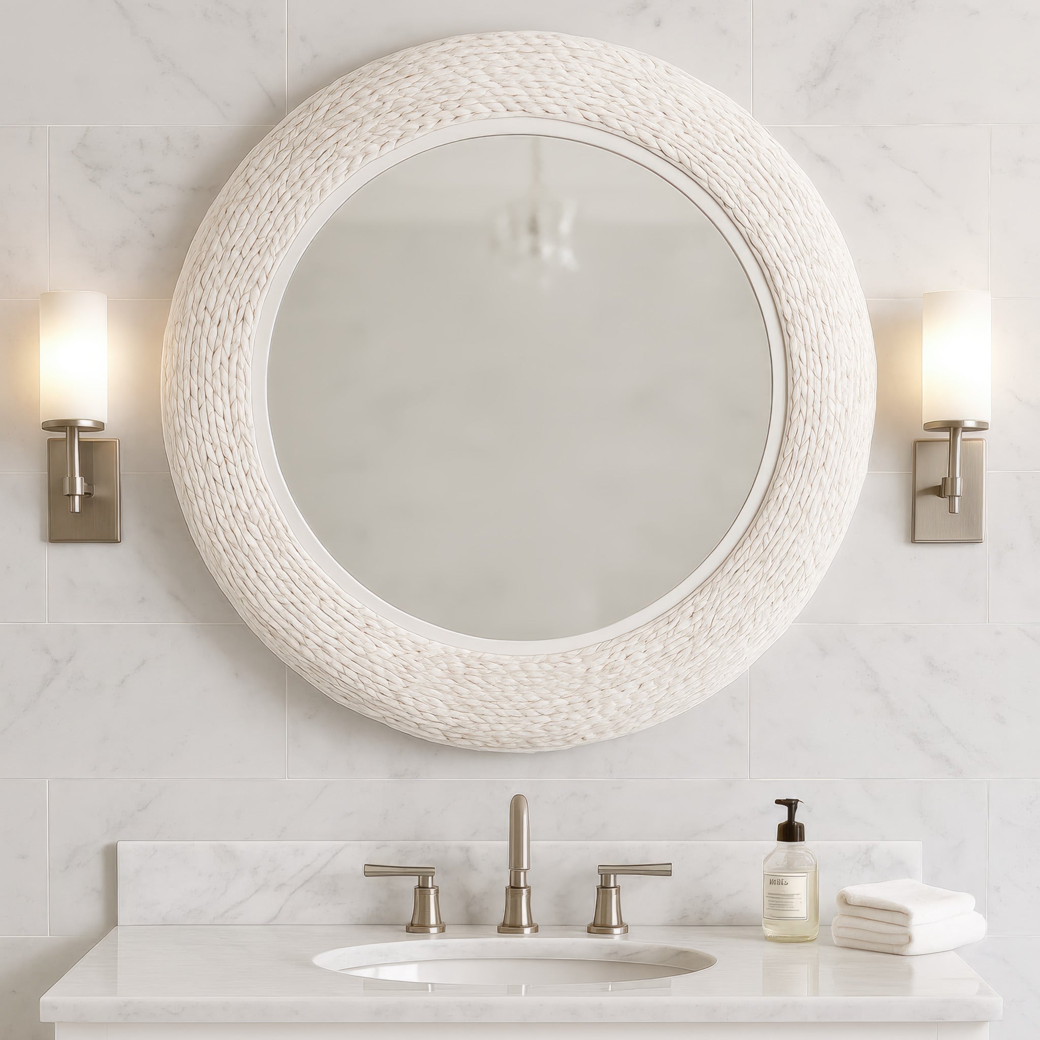 Athena 40-in Round Wall Mirror - Matte White/Whitewash Seagrass
