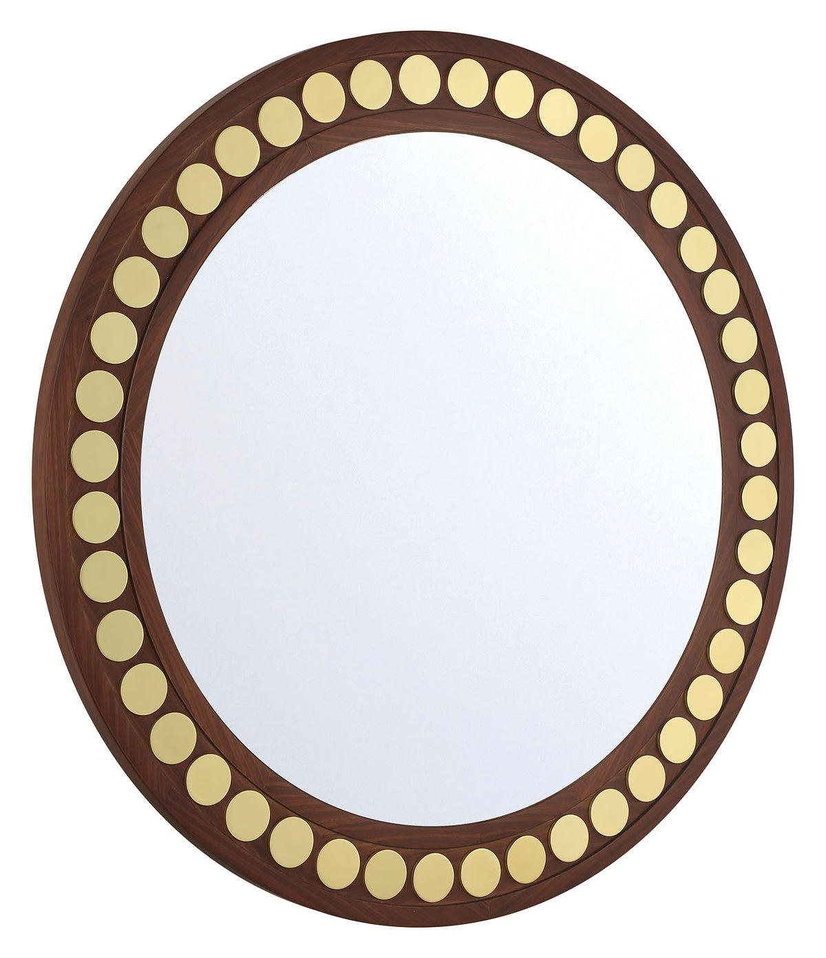 Buttoned Up 36 inch Round Mirror in Medium Walnut with Brass Accents