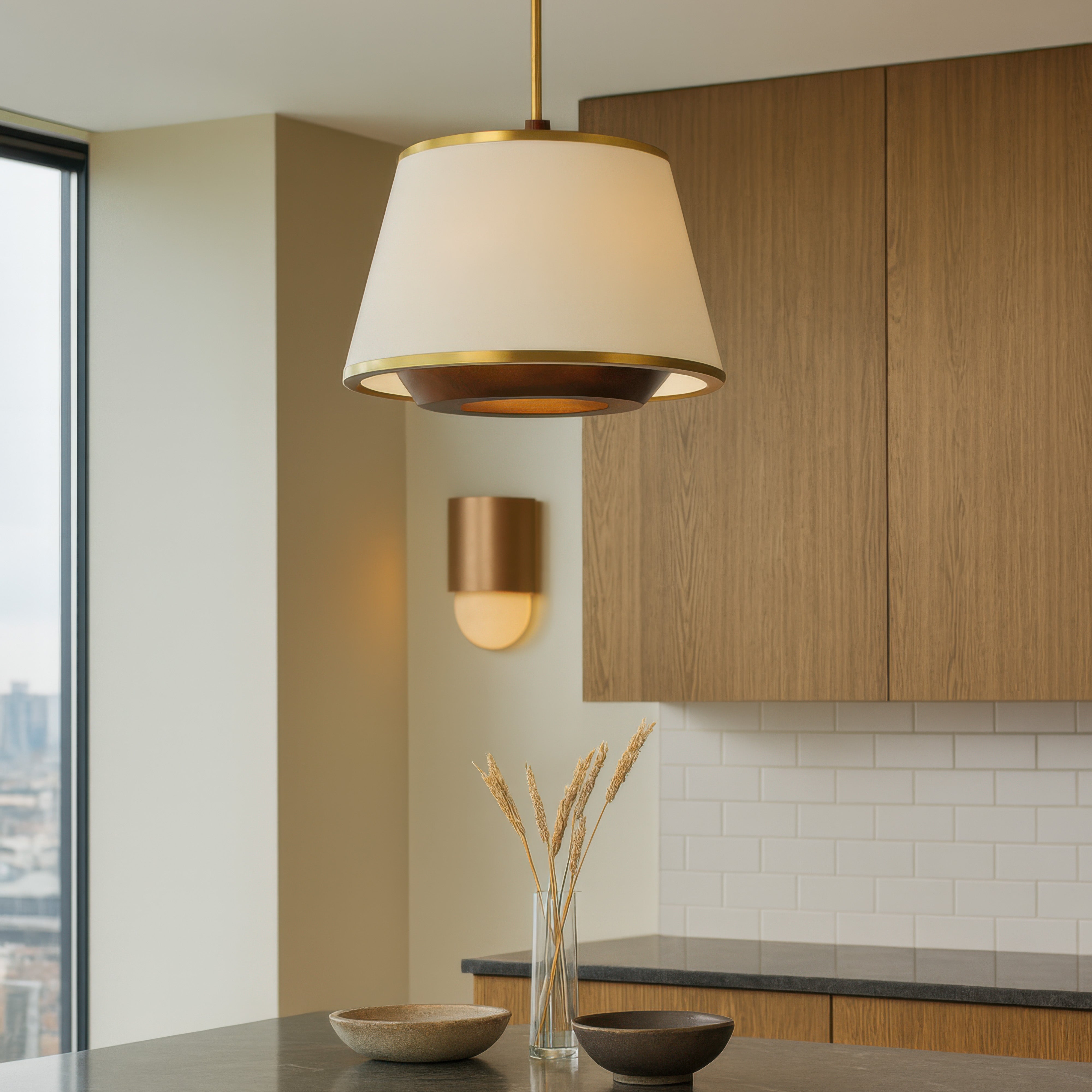 Desert Flyer 3 Light Convertible Pendant/Semi-Flush - Satin Brass/Medium Walnut
