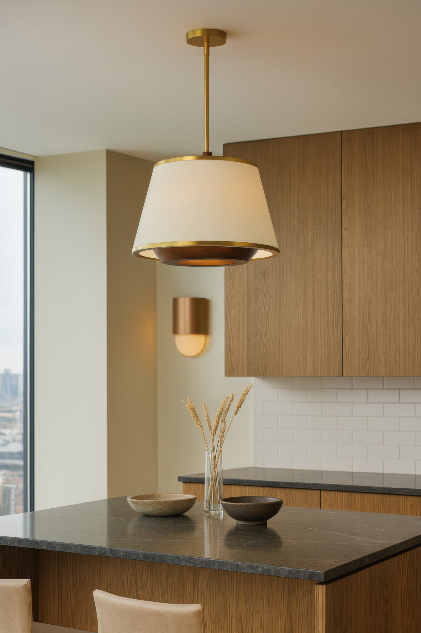 Desert Flyer 3-Light Convertible Pendant/Semi-Flush - Satin Brass/Medium Walnut