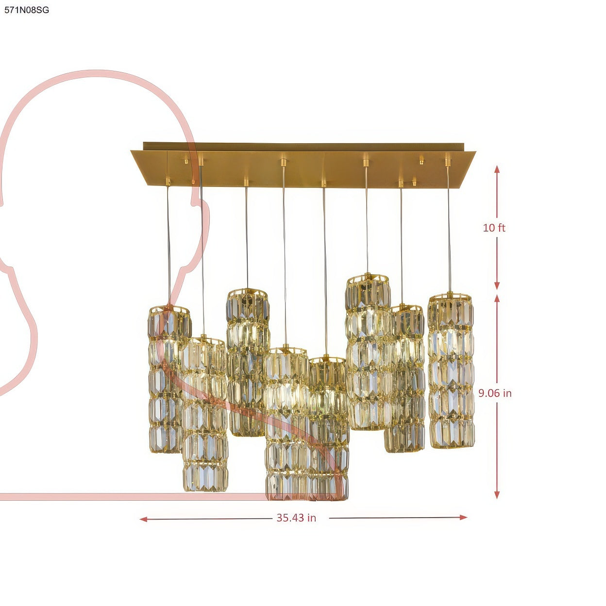 Golden Hour 8 Light Dimmable Linear Cluster of Pendants
