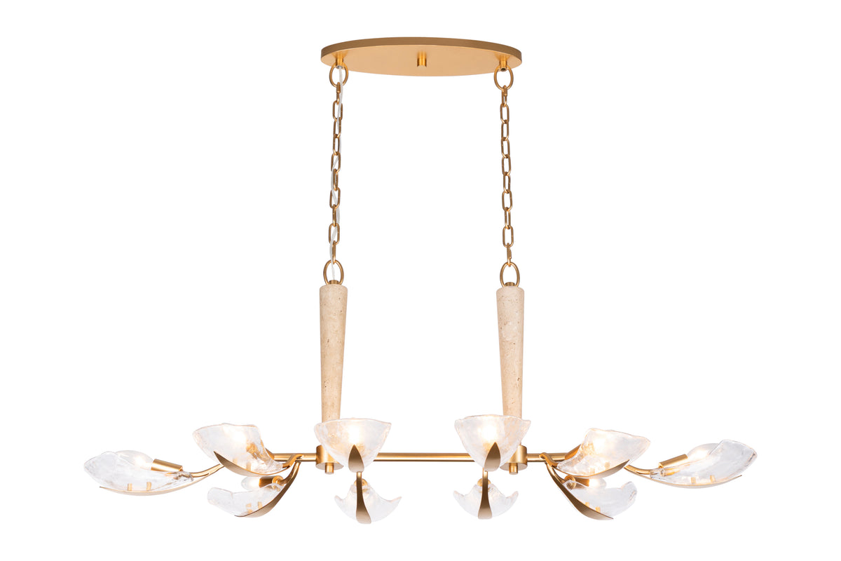 Ice Breaker Ice Glass and Travertine 10 Light Linear Chadelier