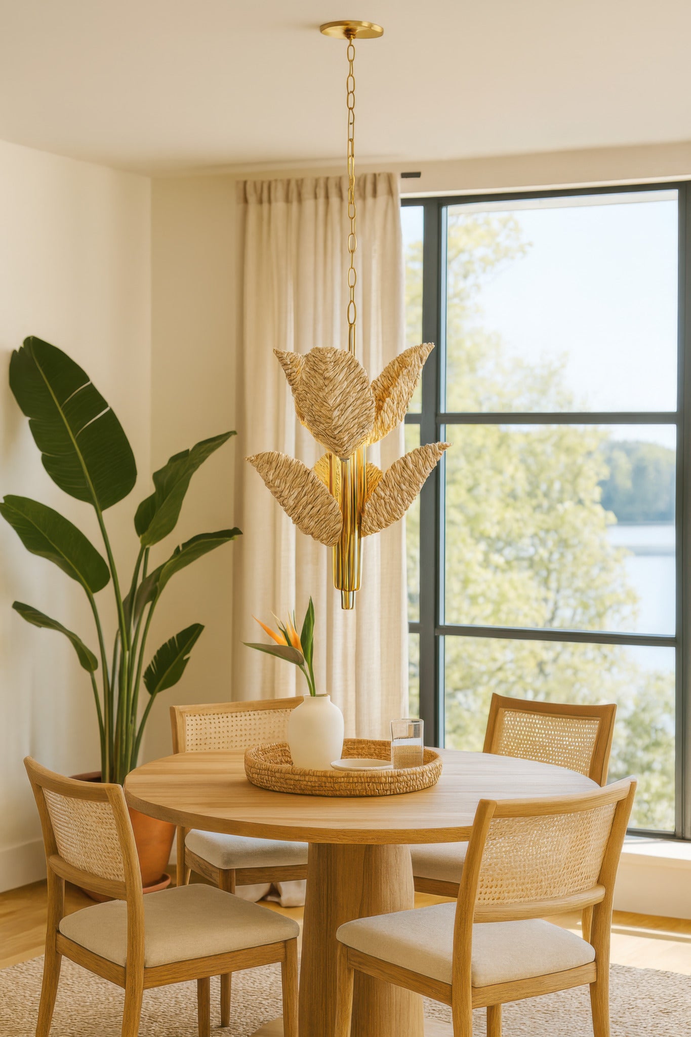 Banana Leaf 6 Light Chandelier - French Gold/Natural Seagrass