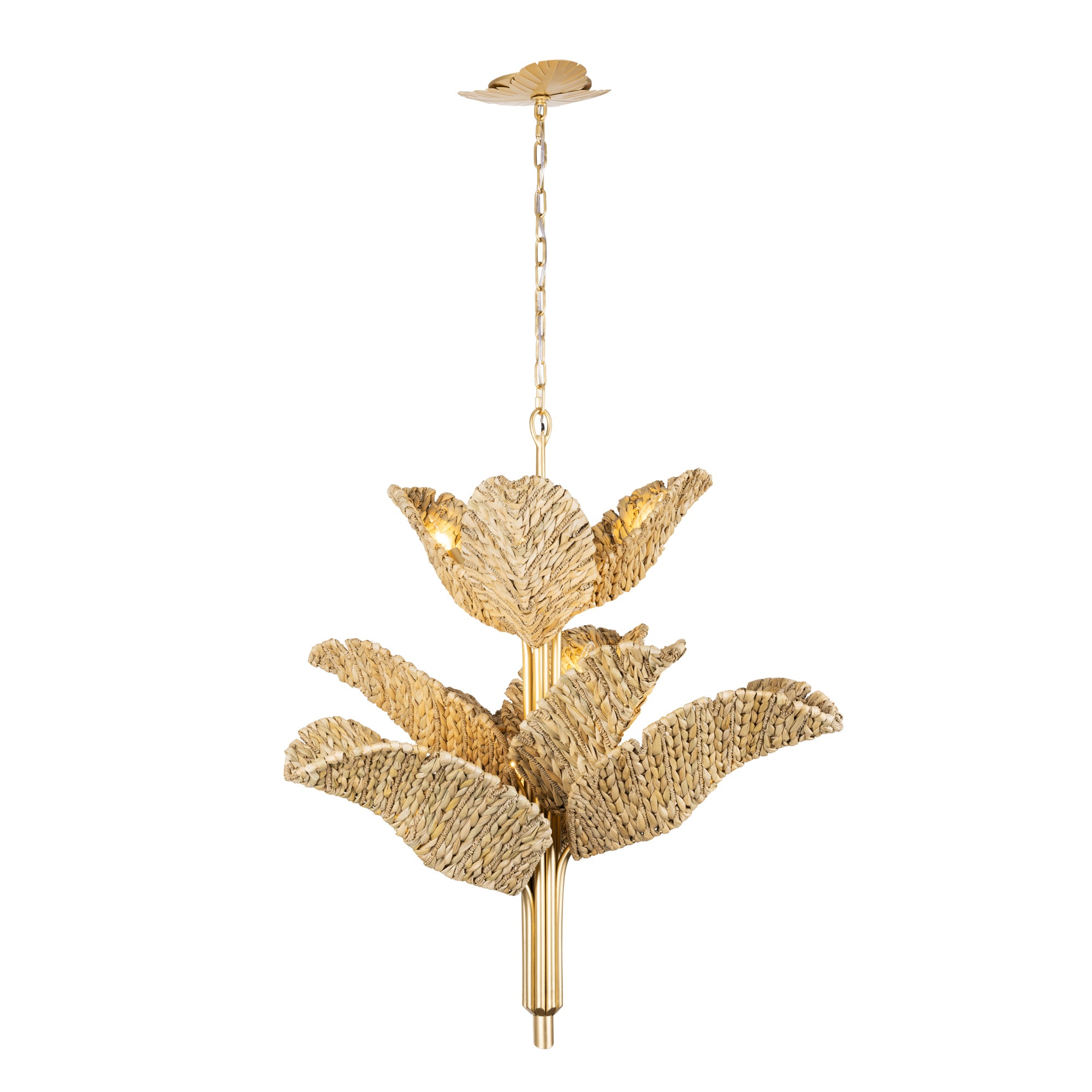 Banana Leaf 9 Light Chandelier - French Gold/Natural Seagrass