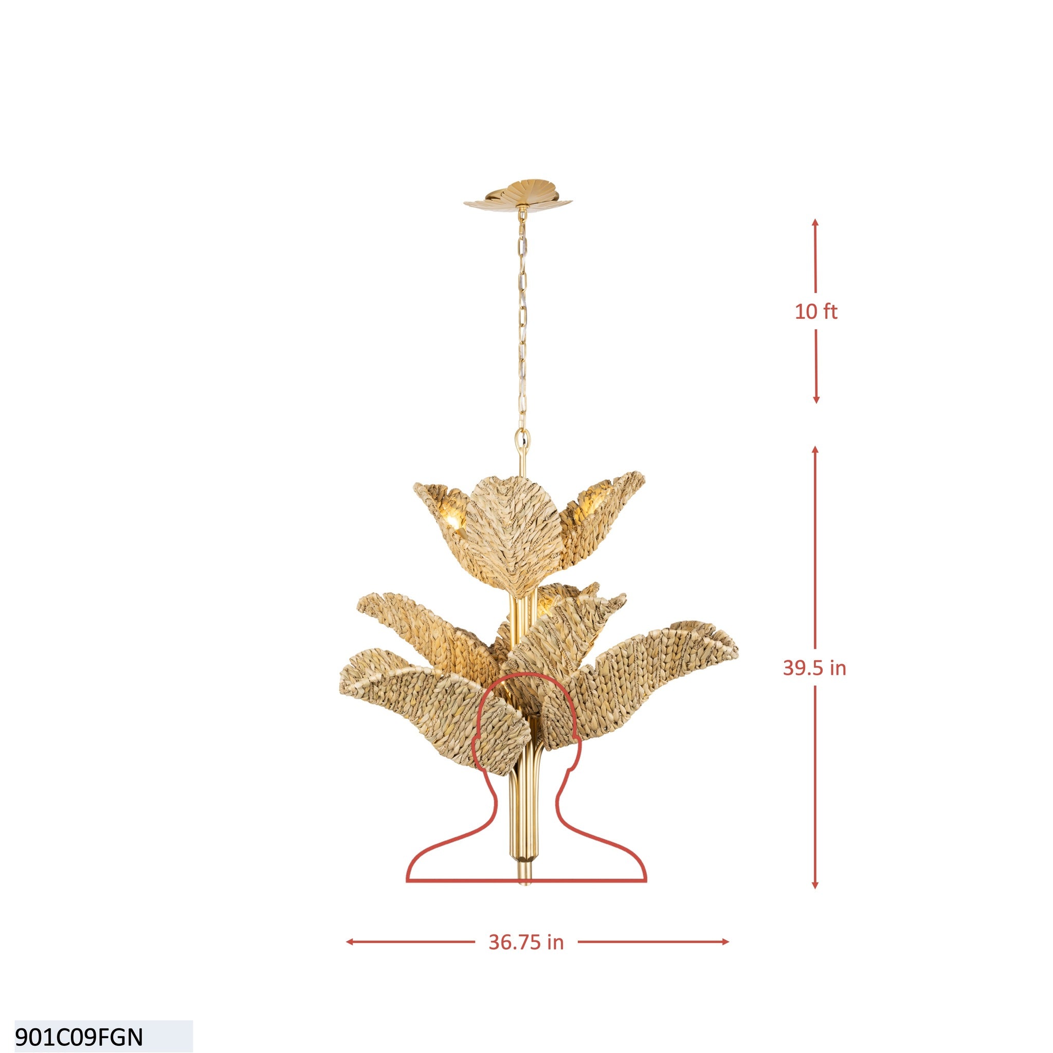 Banana Leaf 9 Light Chandelier - French Gold/Natural Seagrass